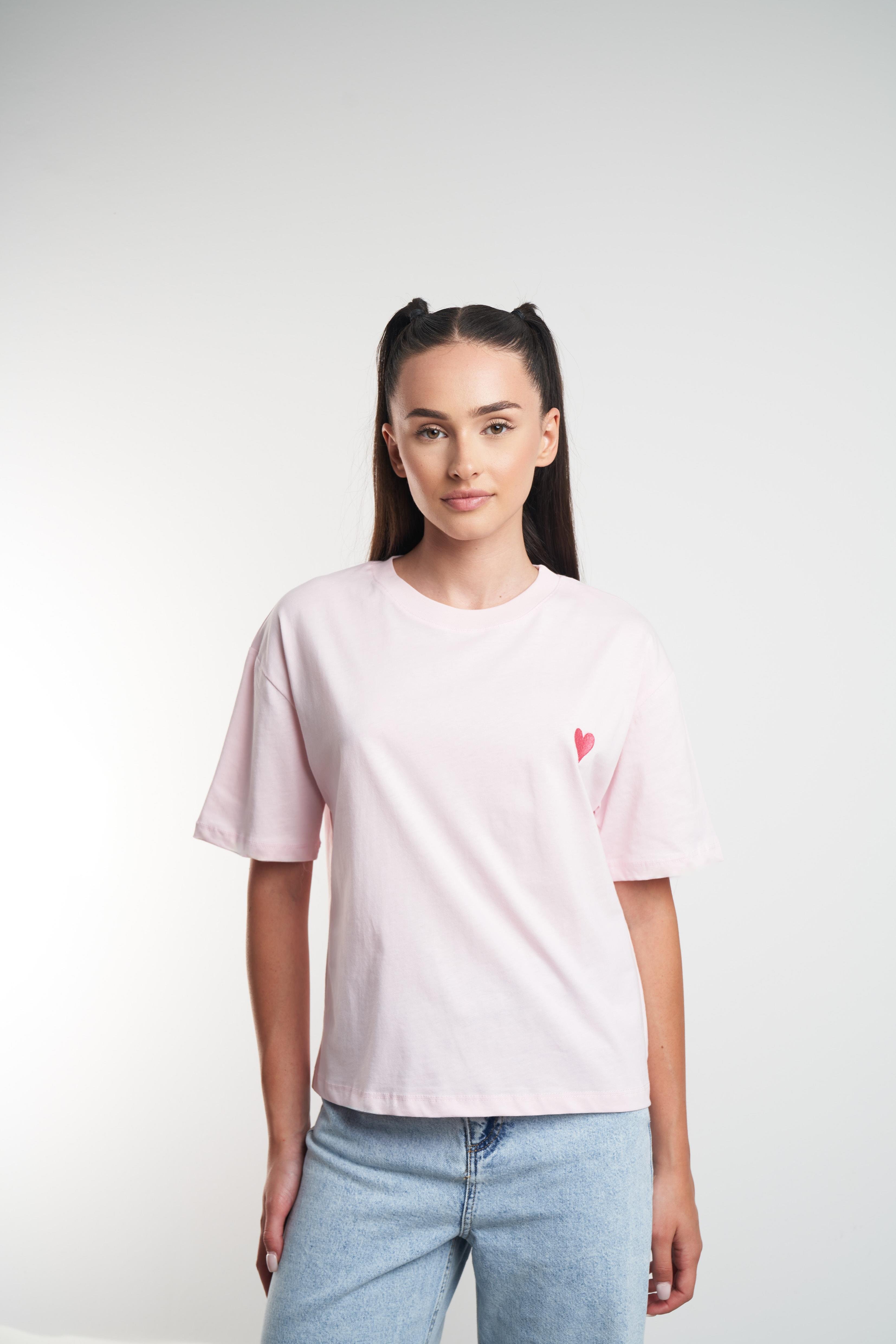 Kalp Nakış Baskılı Kısa Kol T-shirt Toz Pembe