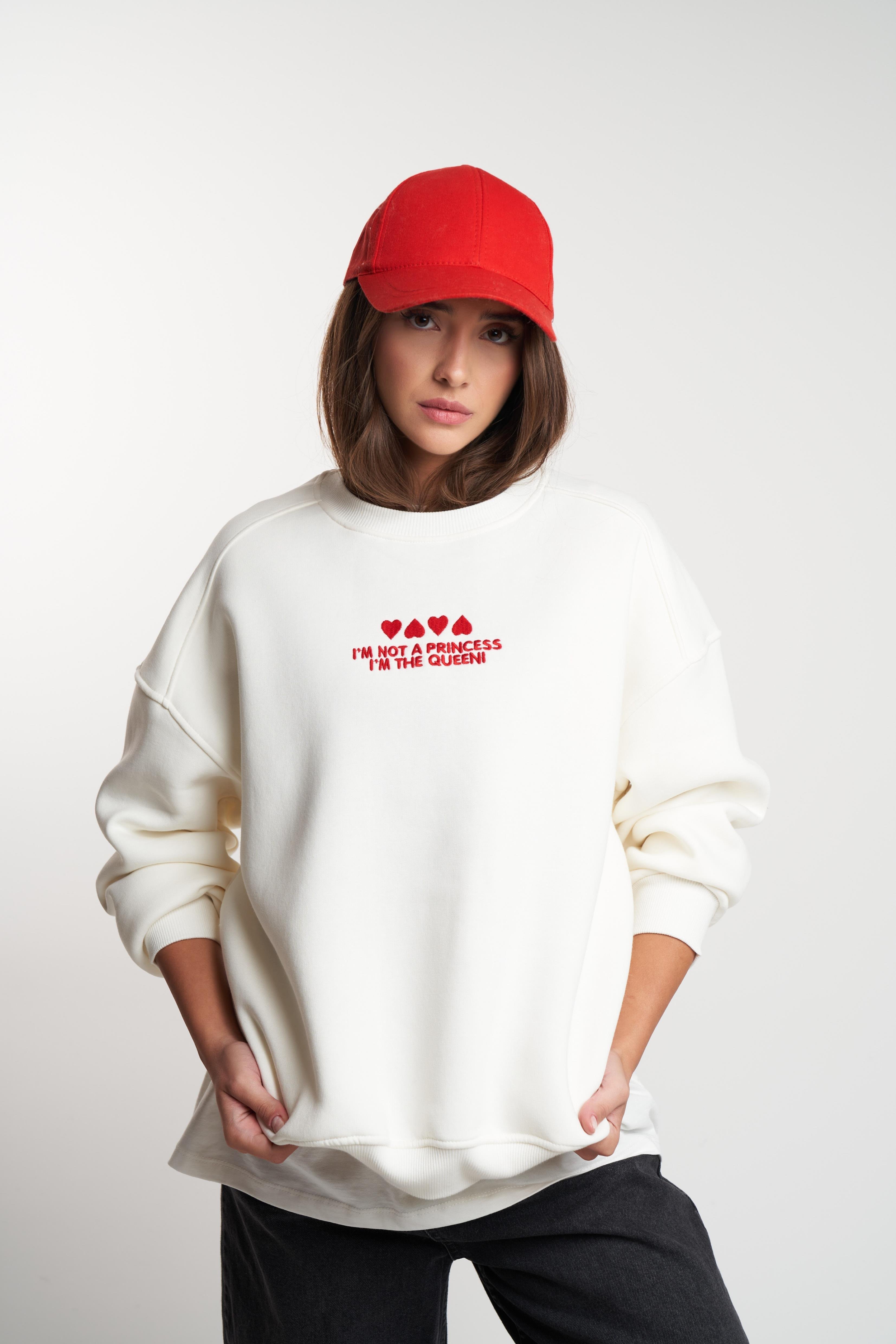 Kalp Nakış Yazı Baskılı Şardonlu Sweatshirt Ekru