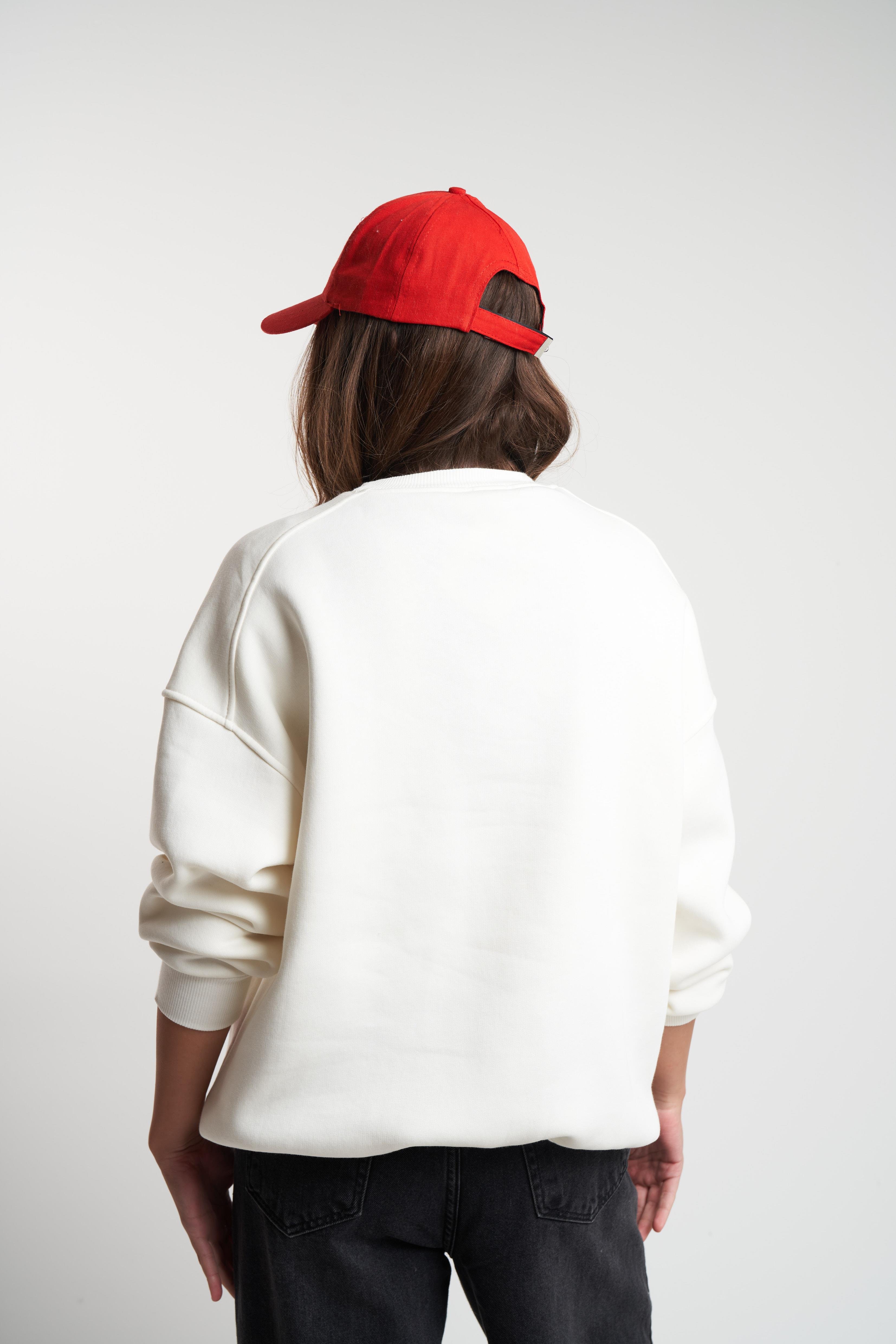 Kalp Nakış Yazı Baskılı Şardonlu Sweatshirt Ekru