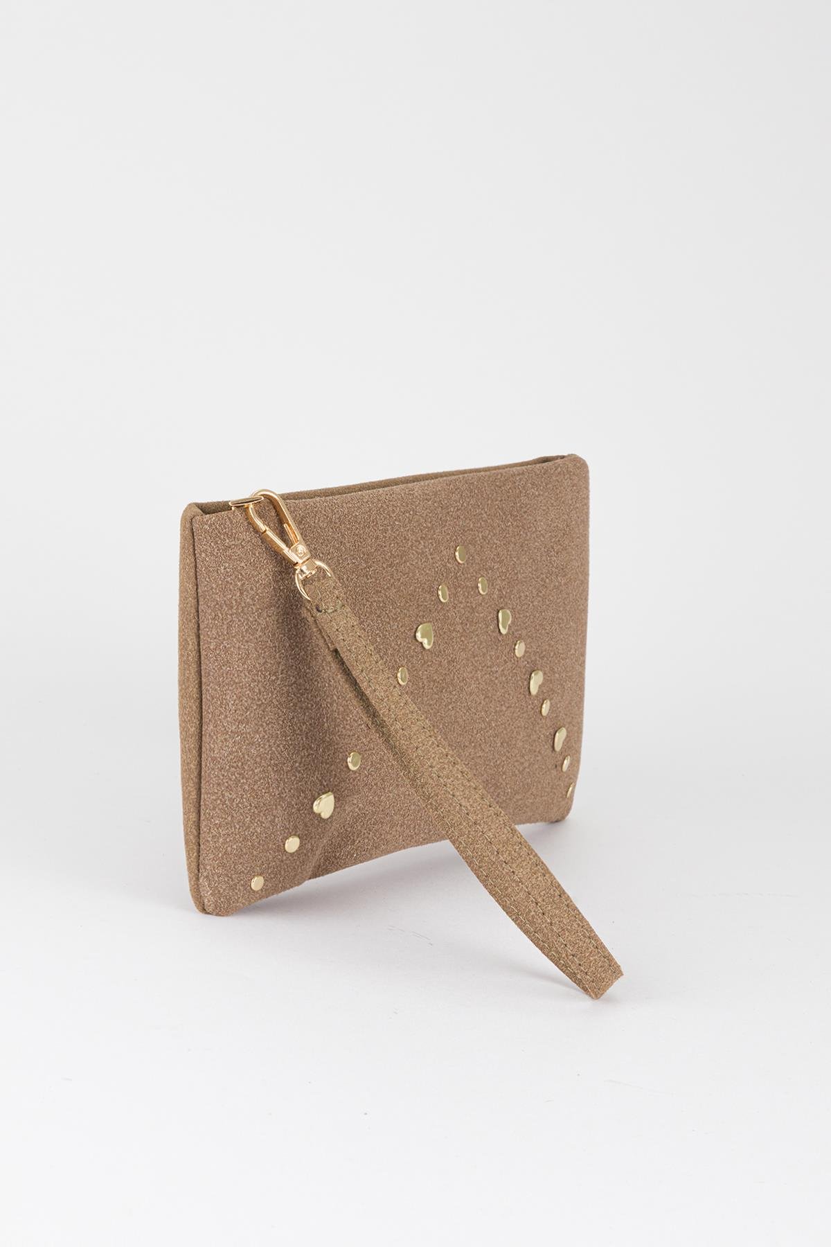 Kalp Troklu Clutch Çanta Vizon