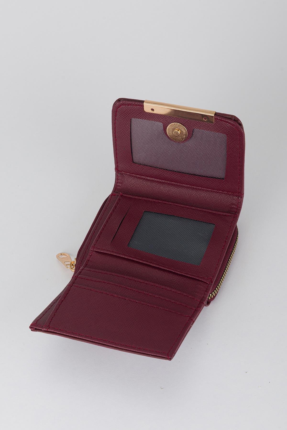 Kapaklı Metal Aksesuar Cüzdan Bordo