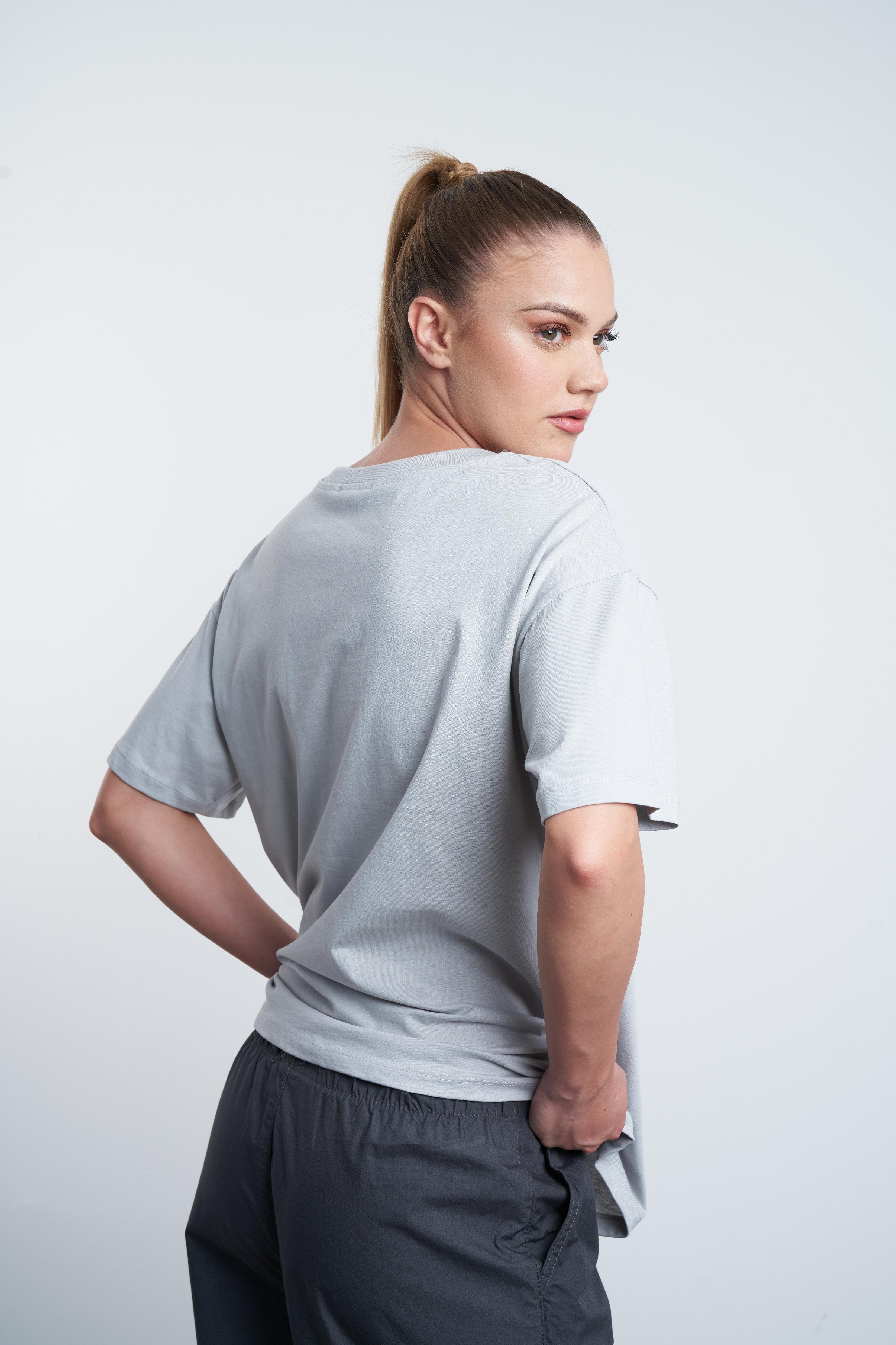 Kaplan Nakış Baskılı T-shirt Açık Gri