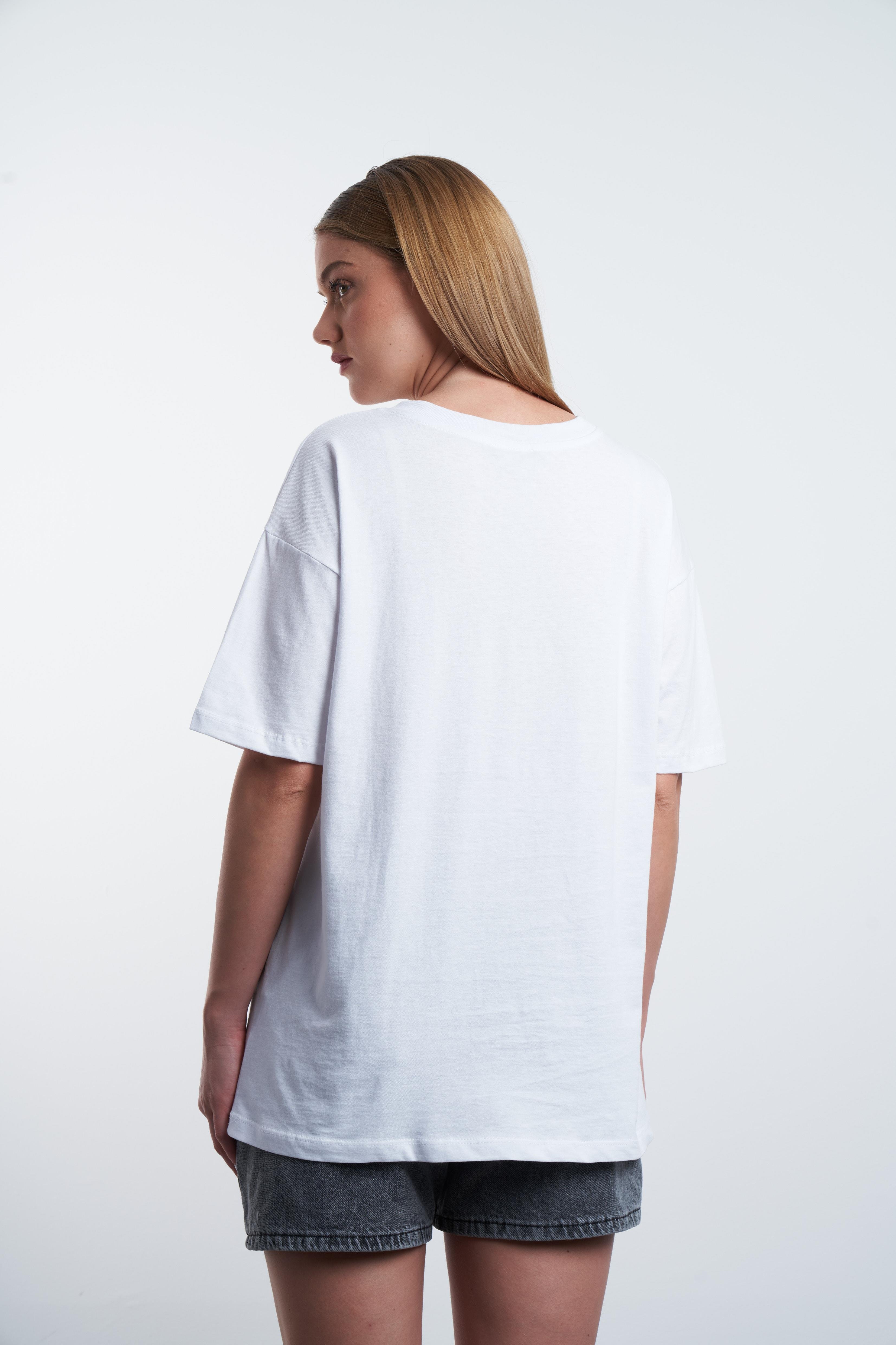 Kaplan Nakış Baskılı T-shirt Beyaz
