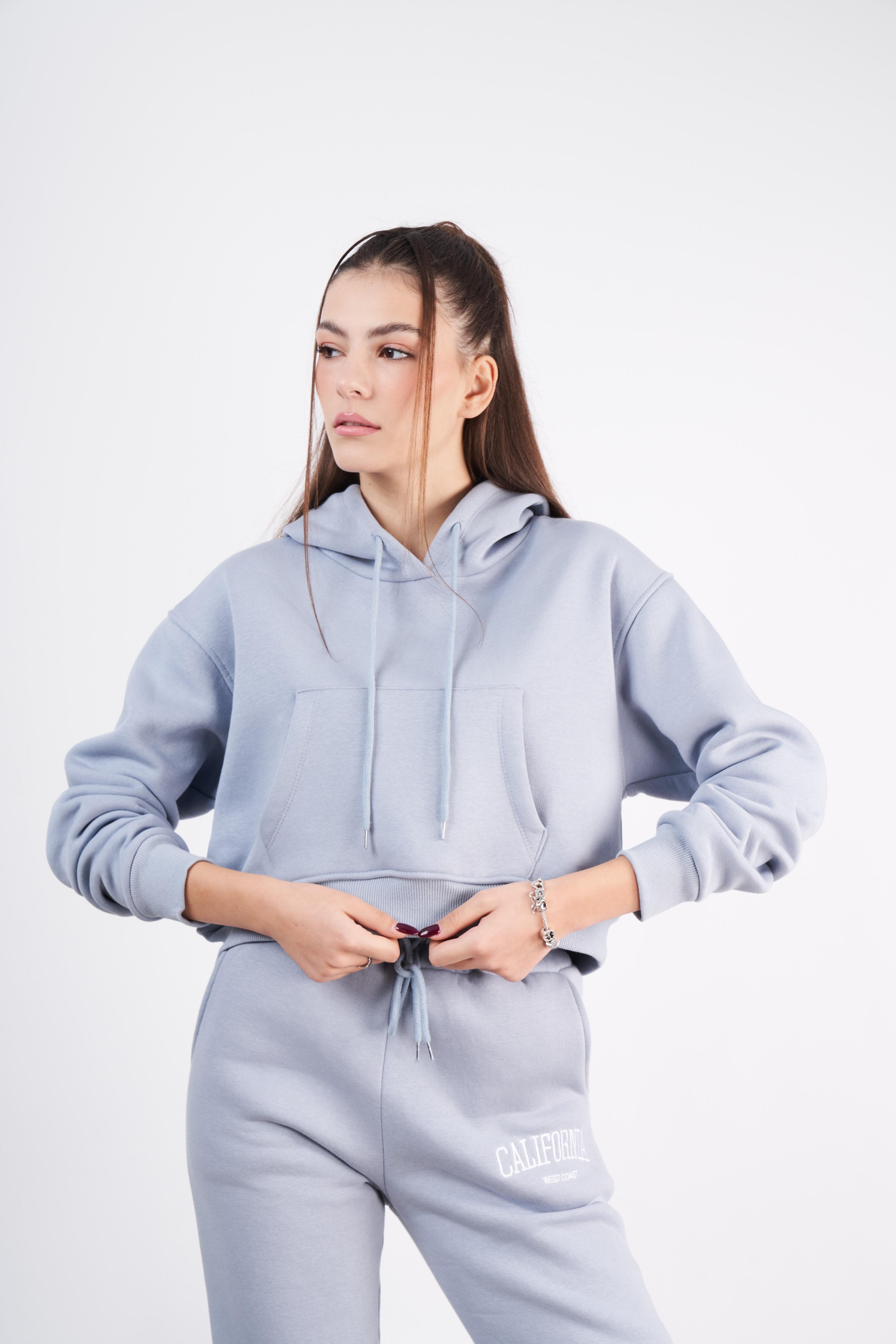 Kapüşonlu Basic Kısa Sweatshirt Boyalı Gri
