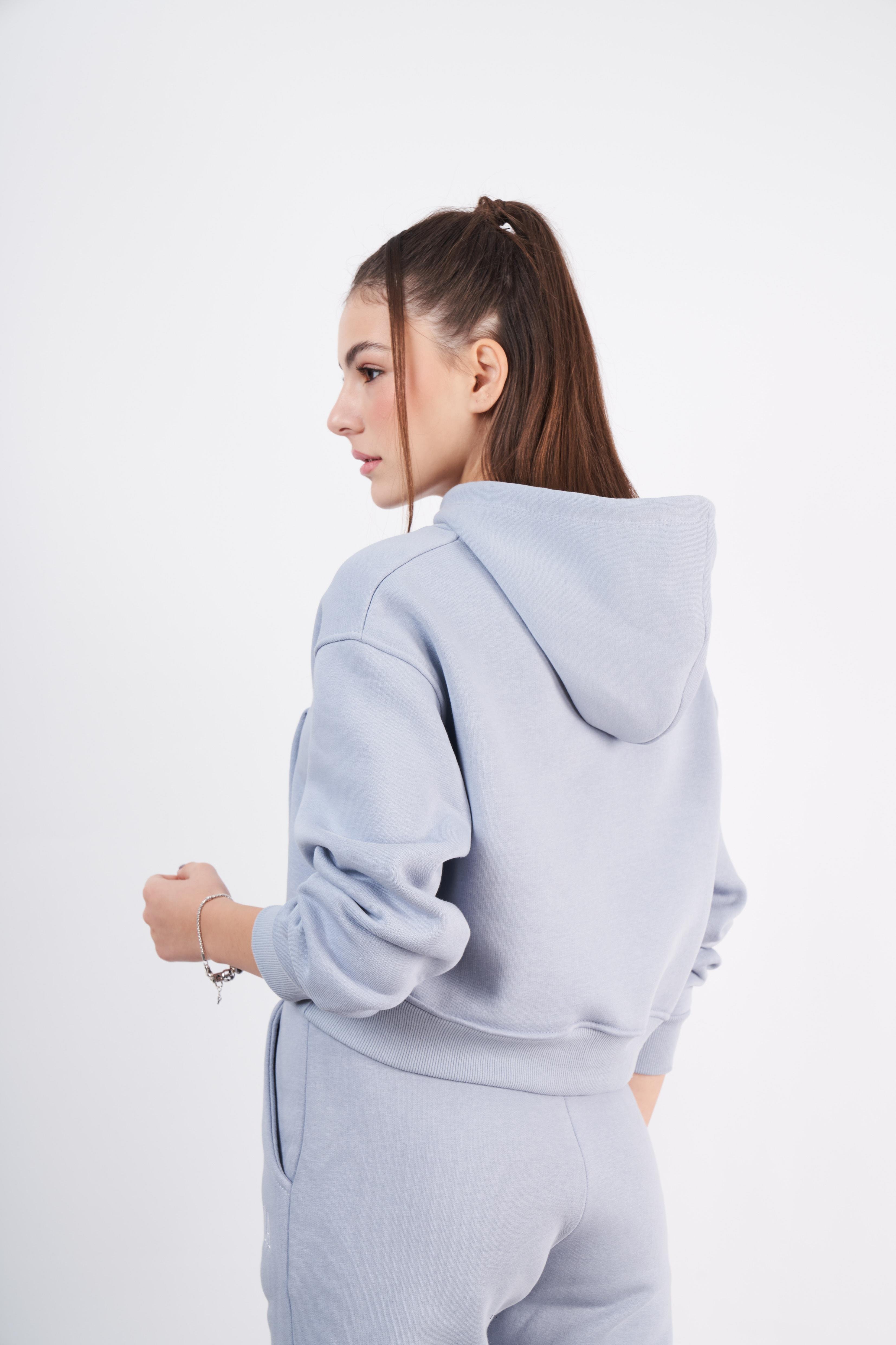 Kapüşonlu Basic Kısa Sweatshirt Boyalı Gri