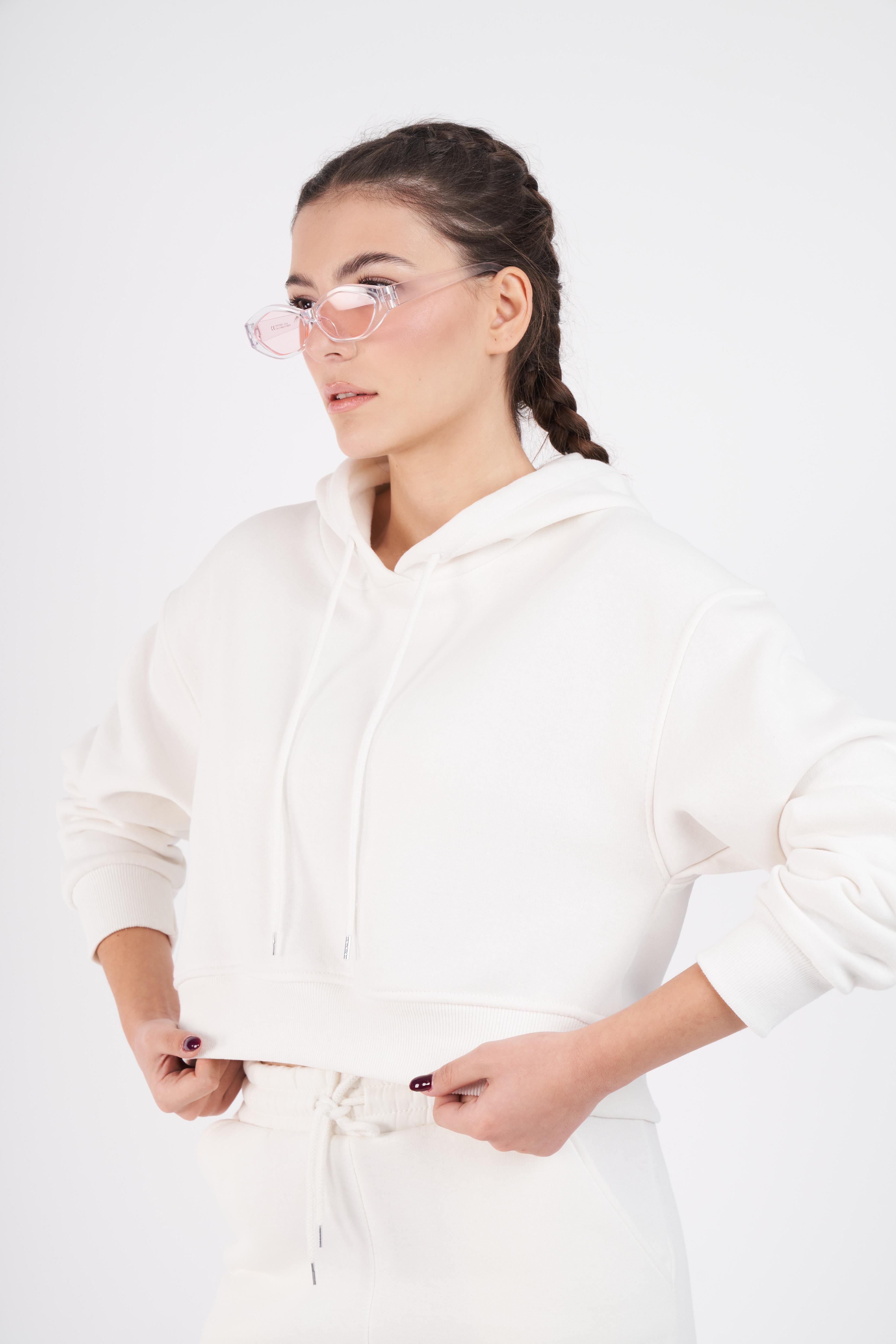 Kapüşonlu Basic Kısa Sweatshirt Ekru