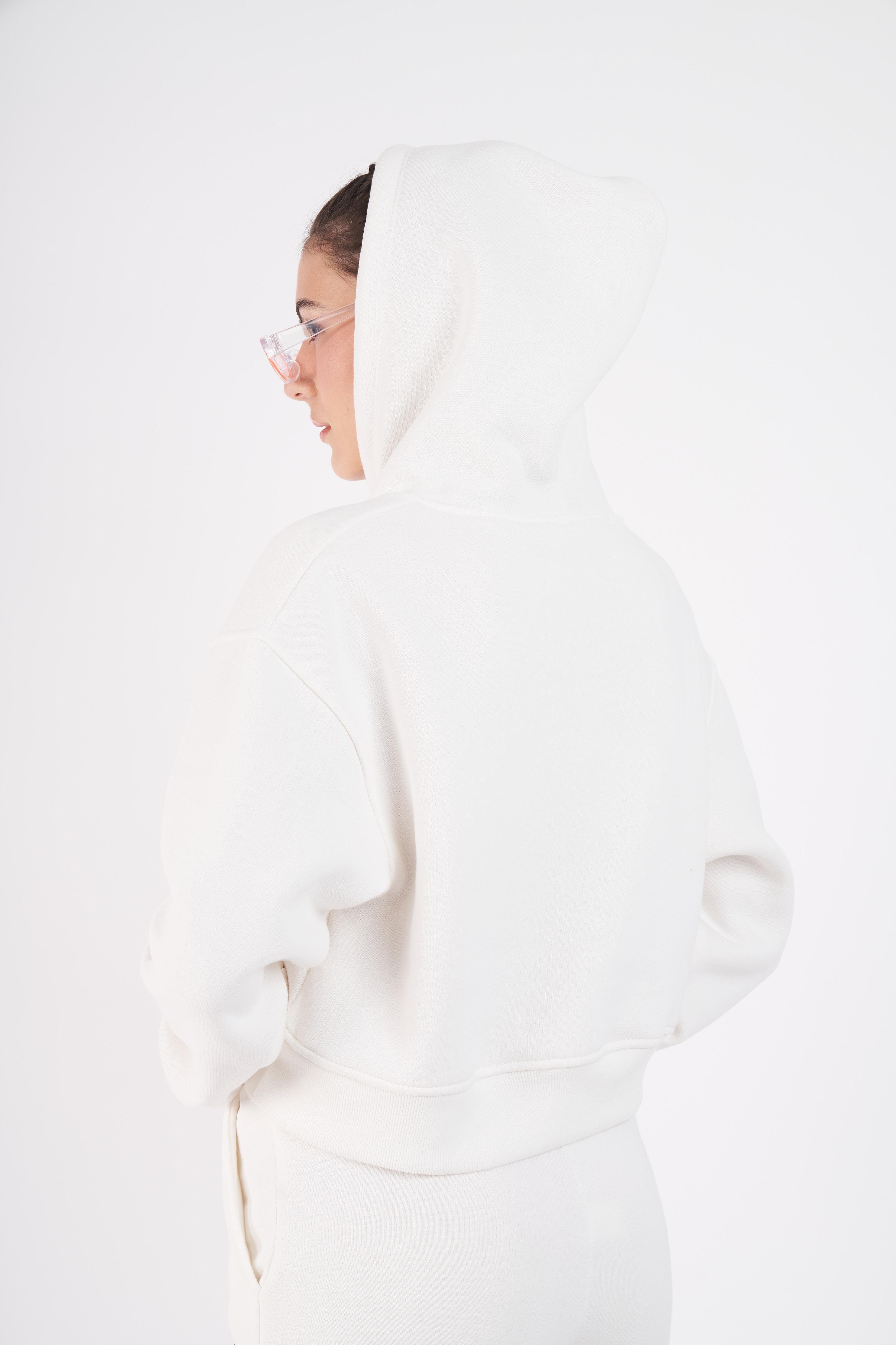 Kapüşonlu Basic Kısa Sweatshirt Ekru