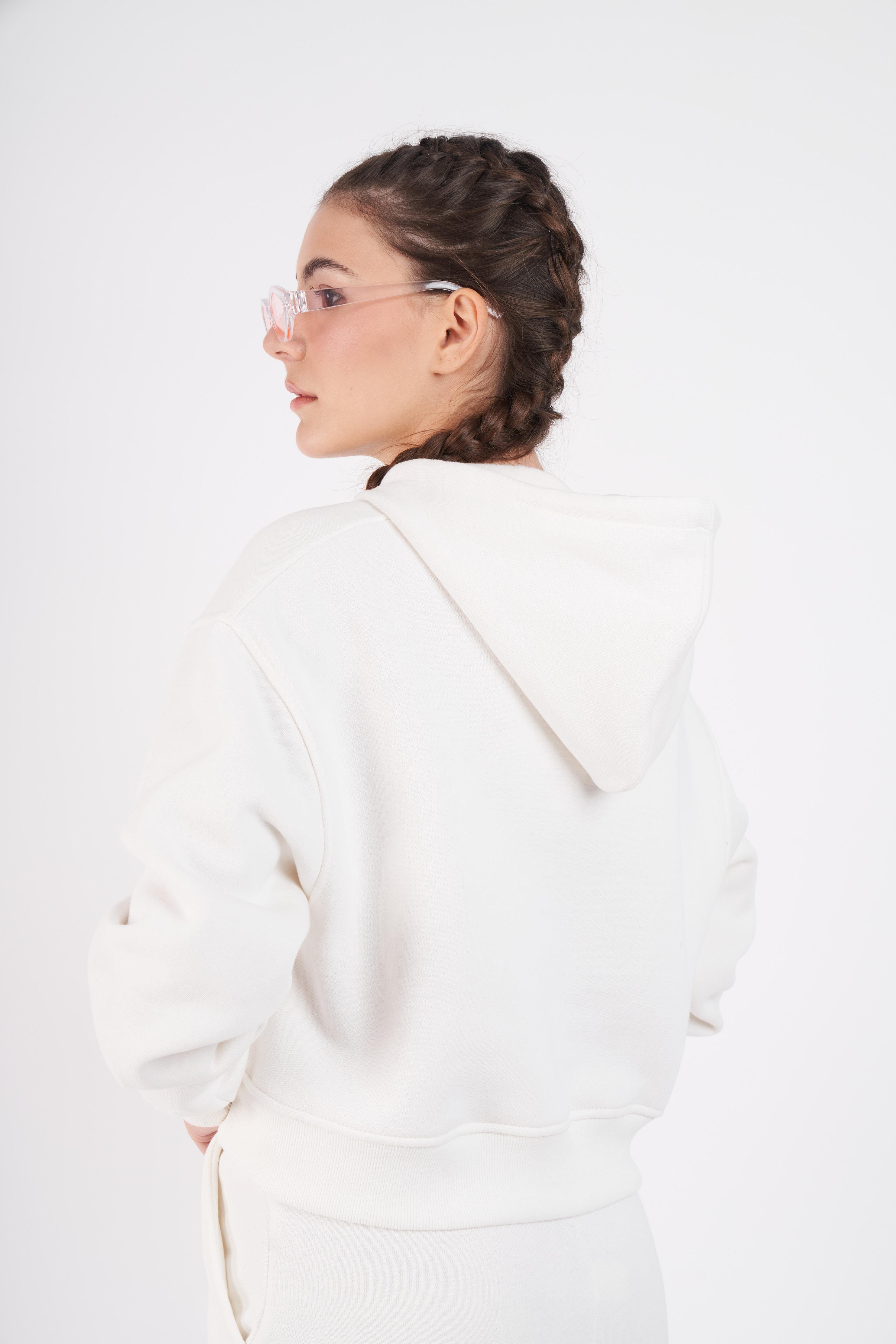 Kapüşonlu Basic Kısa Sweatshirt Ekru