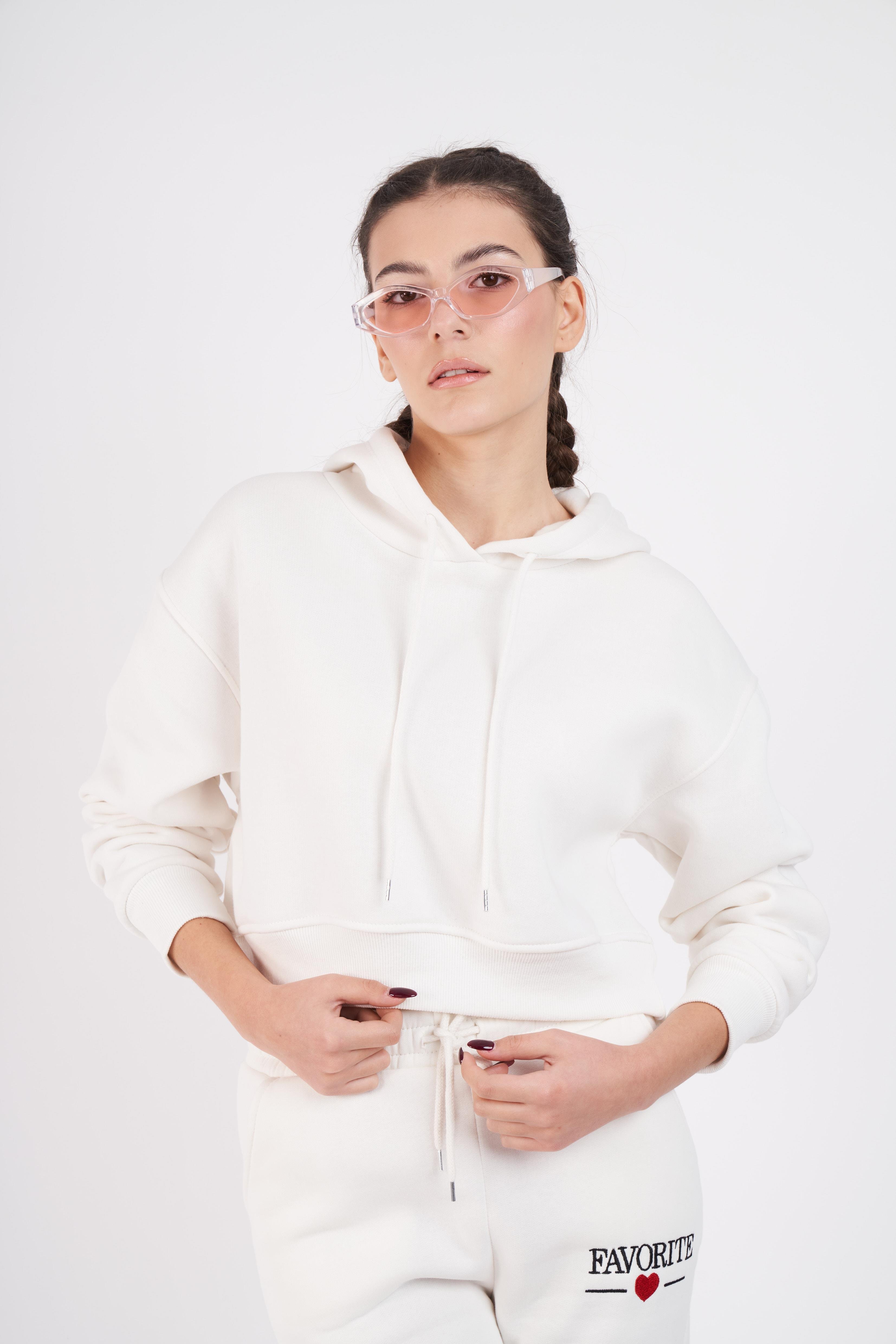 Kapüşonlu Basic Kısa Sweatshirt Ekru
