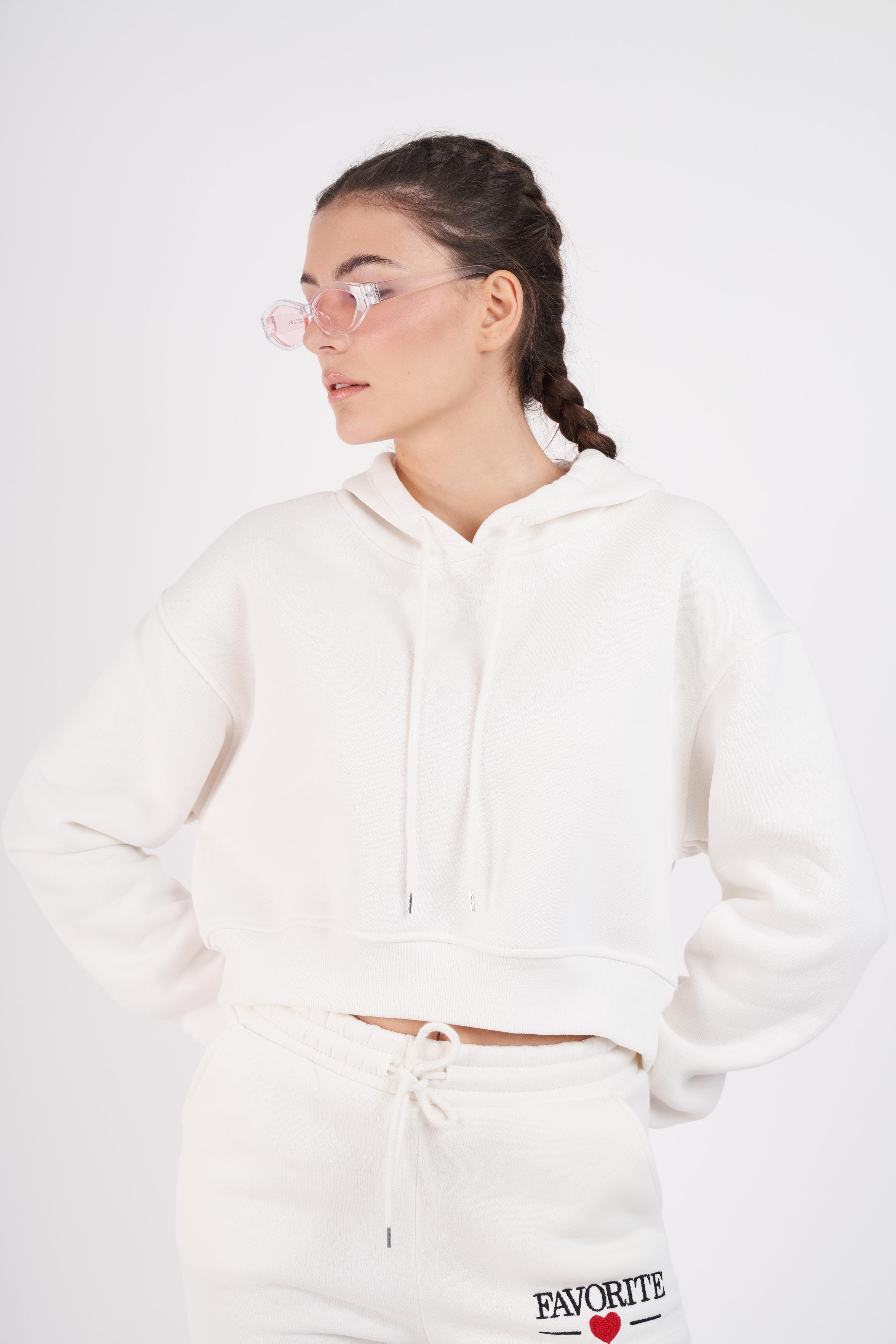 Kapüşonlu Basic Kısa Sweatshirt Ekru
