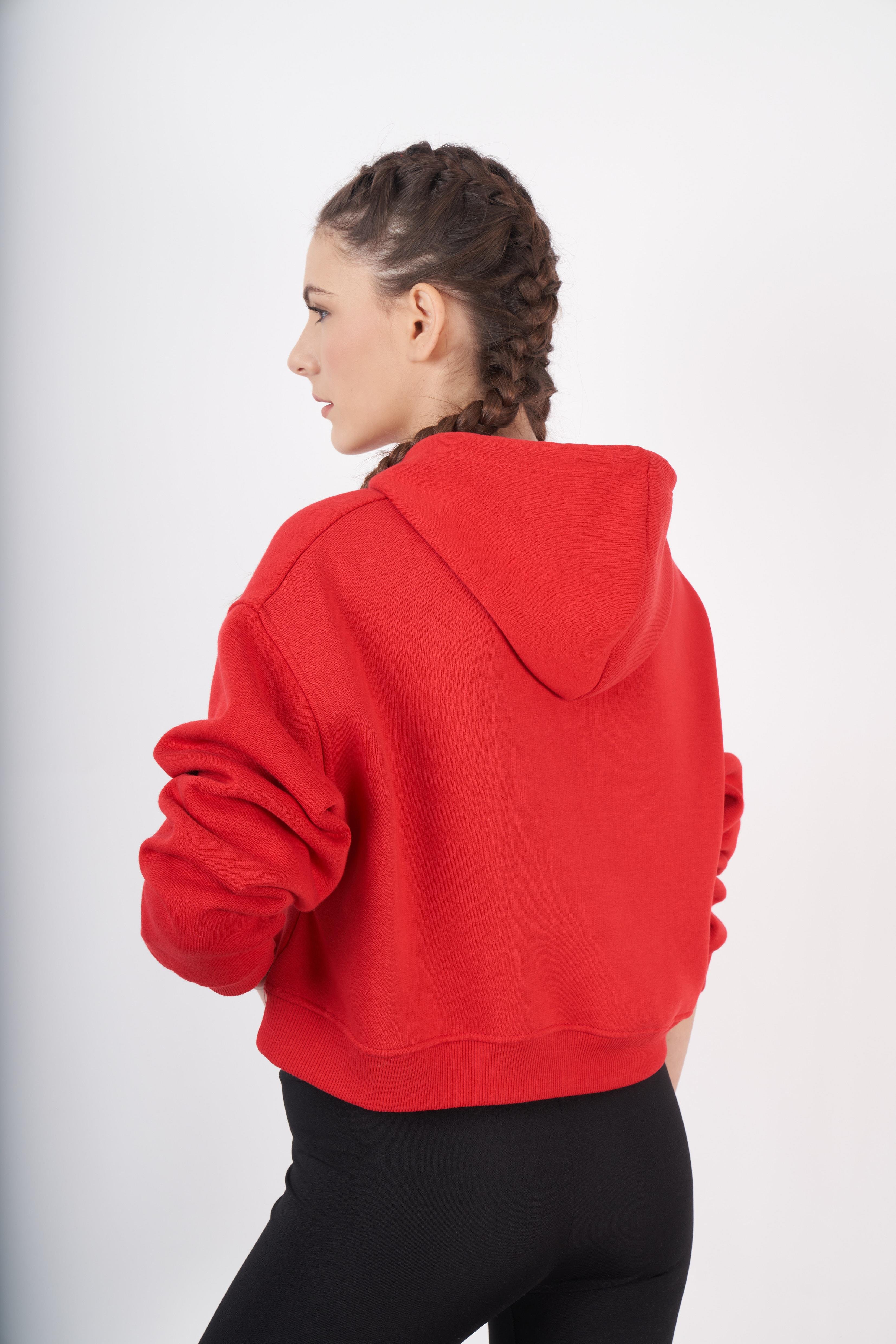 Kapüşonlu Basic Kısa Sweatshirt Kırmızı