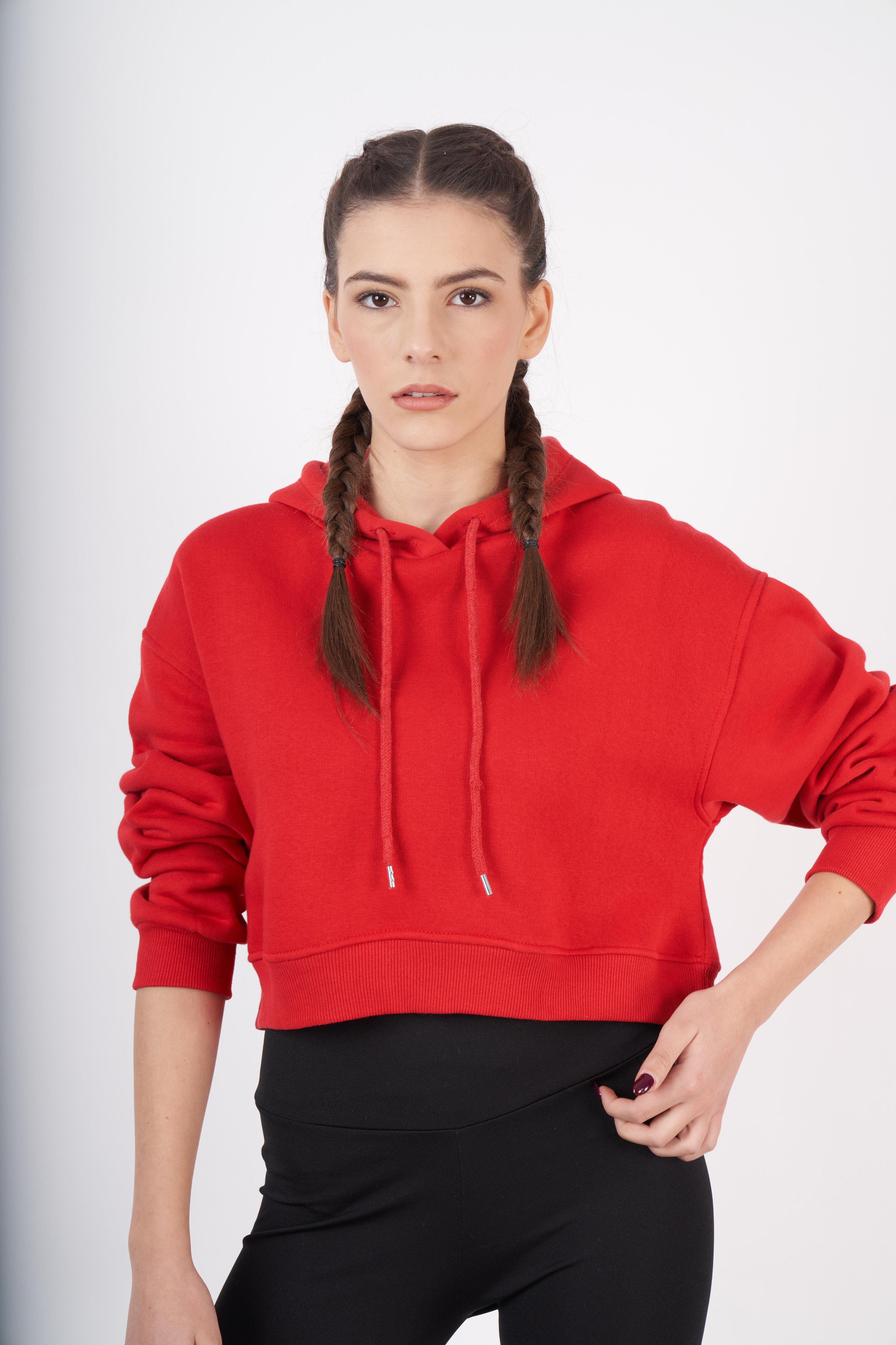 Kapüşonlu Basic Kısa Sweatshirt Kırmızı