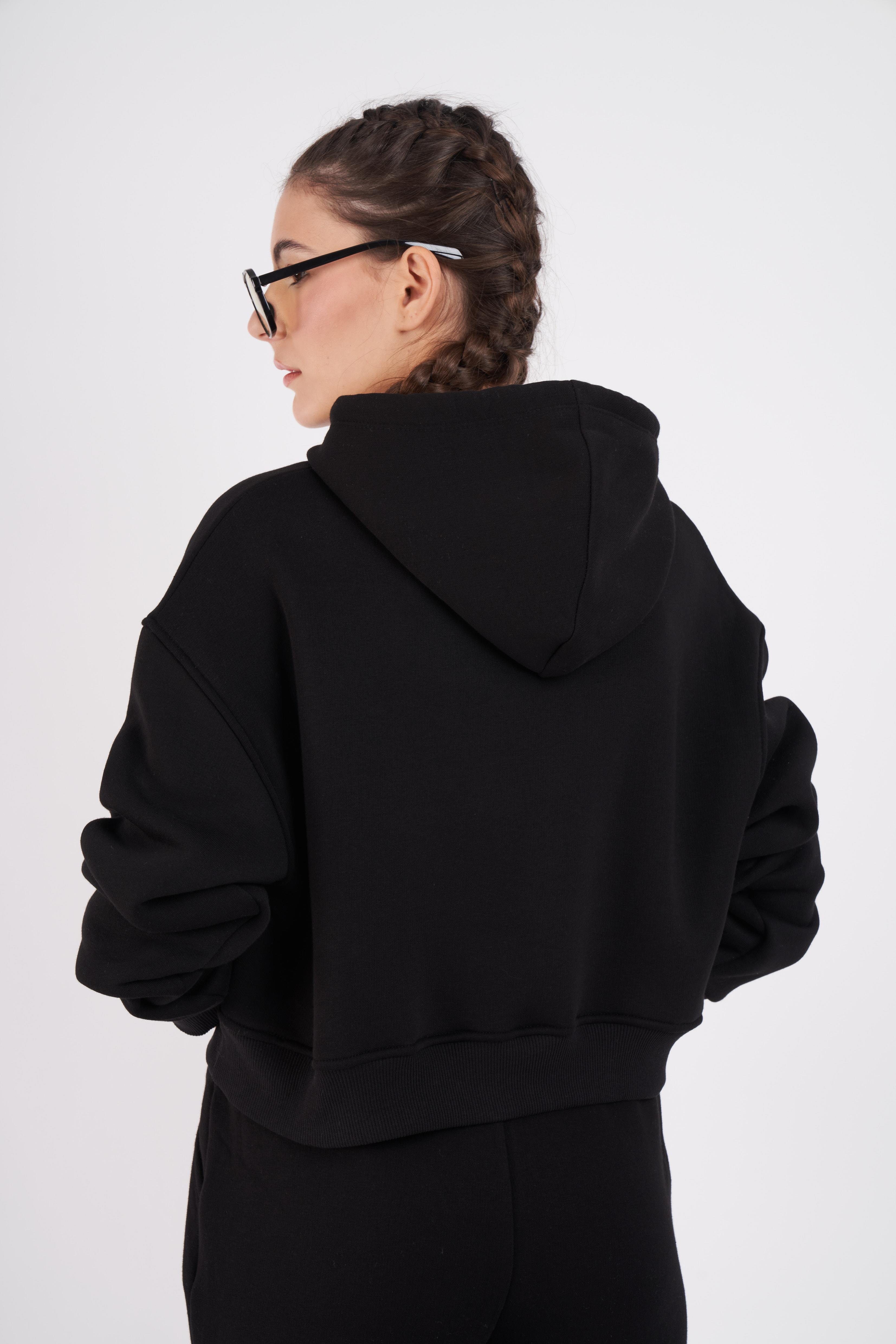 Kapüşonlu Basic Kısa Sweatshirt Siyah