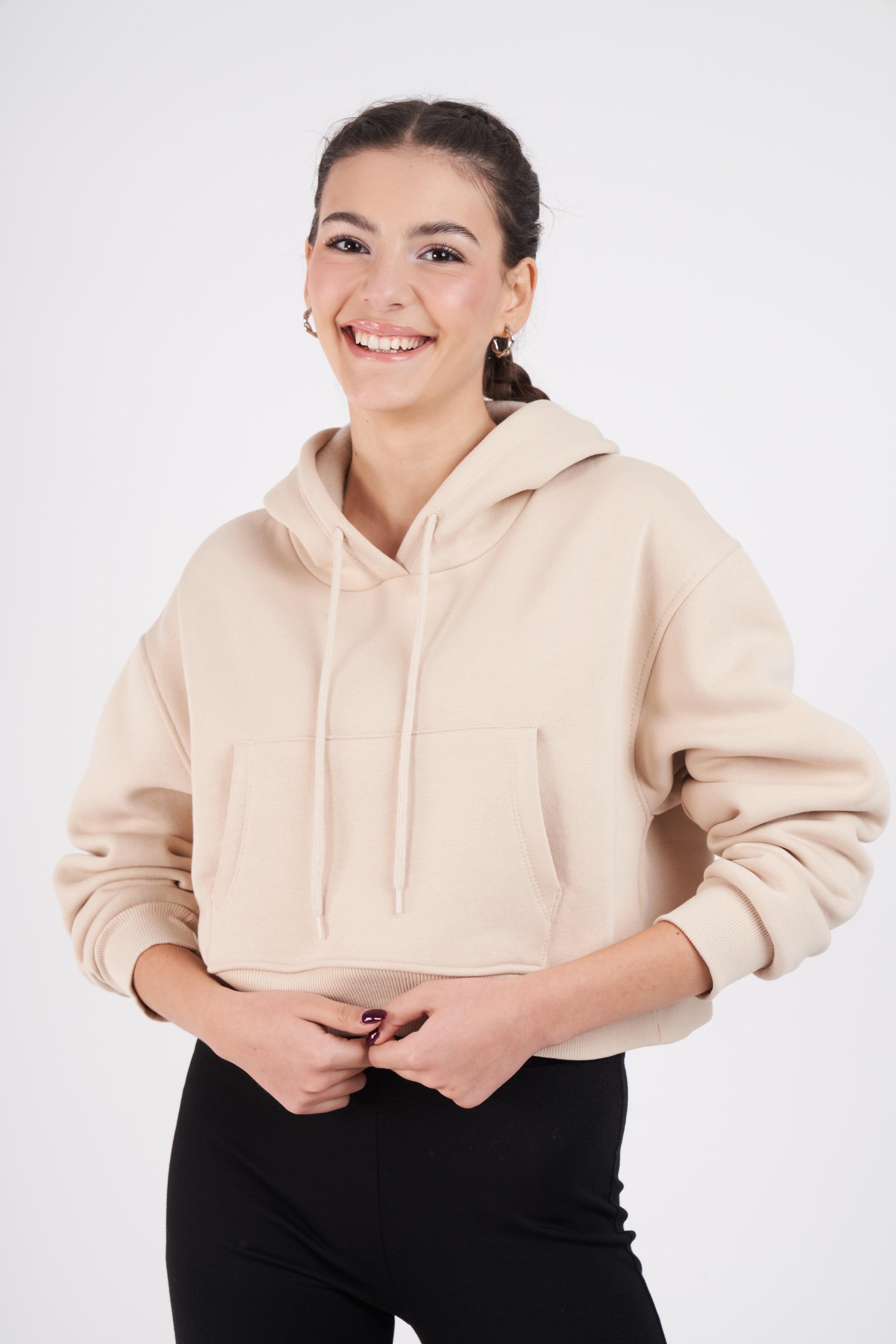 Kapüşonlu Basic Kısa Sweatshirt Taş
