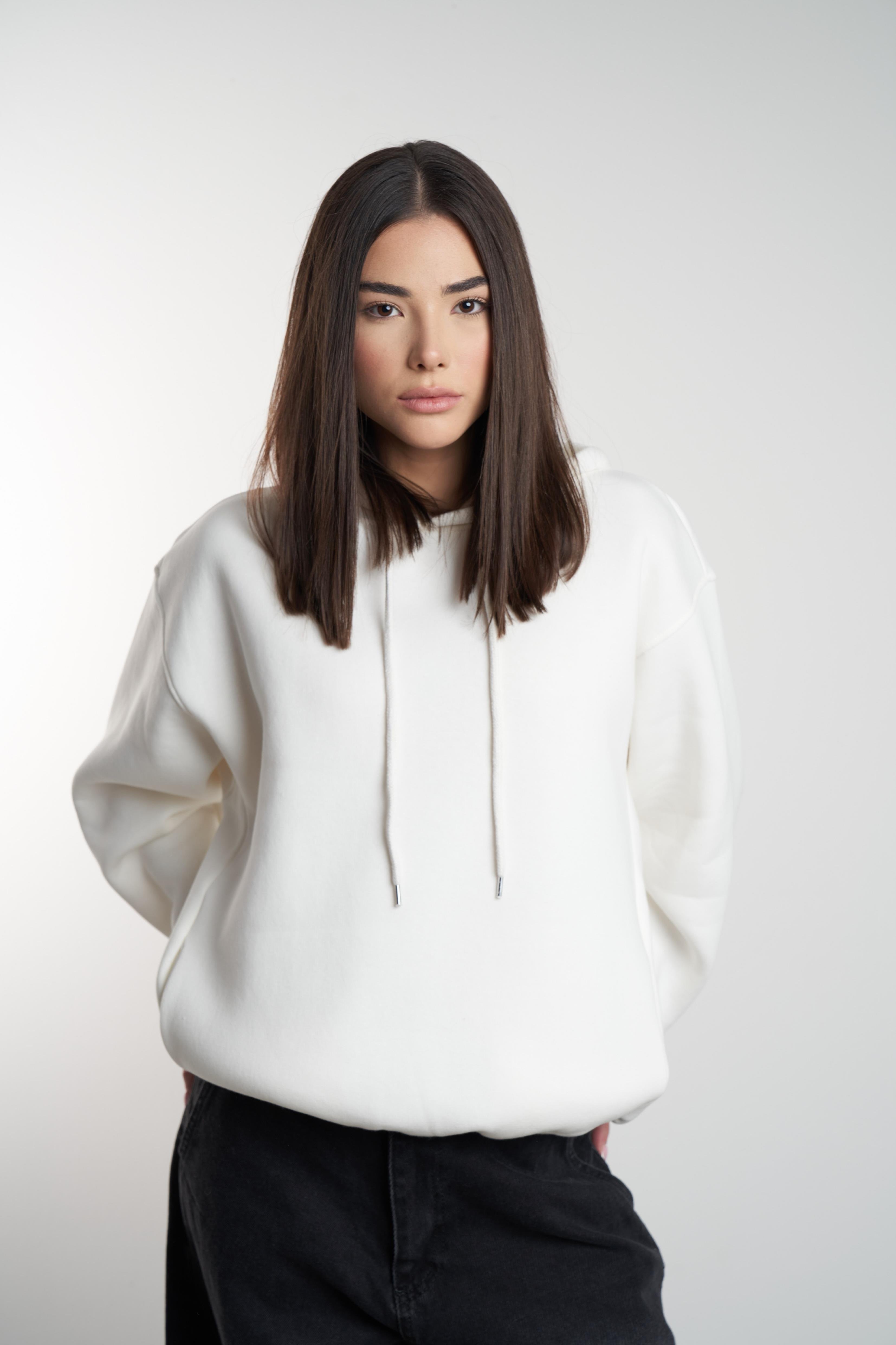 Kapüşonlu Basic Şardonlu Sweatshirt Ekru