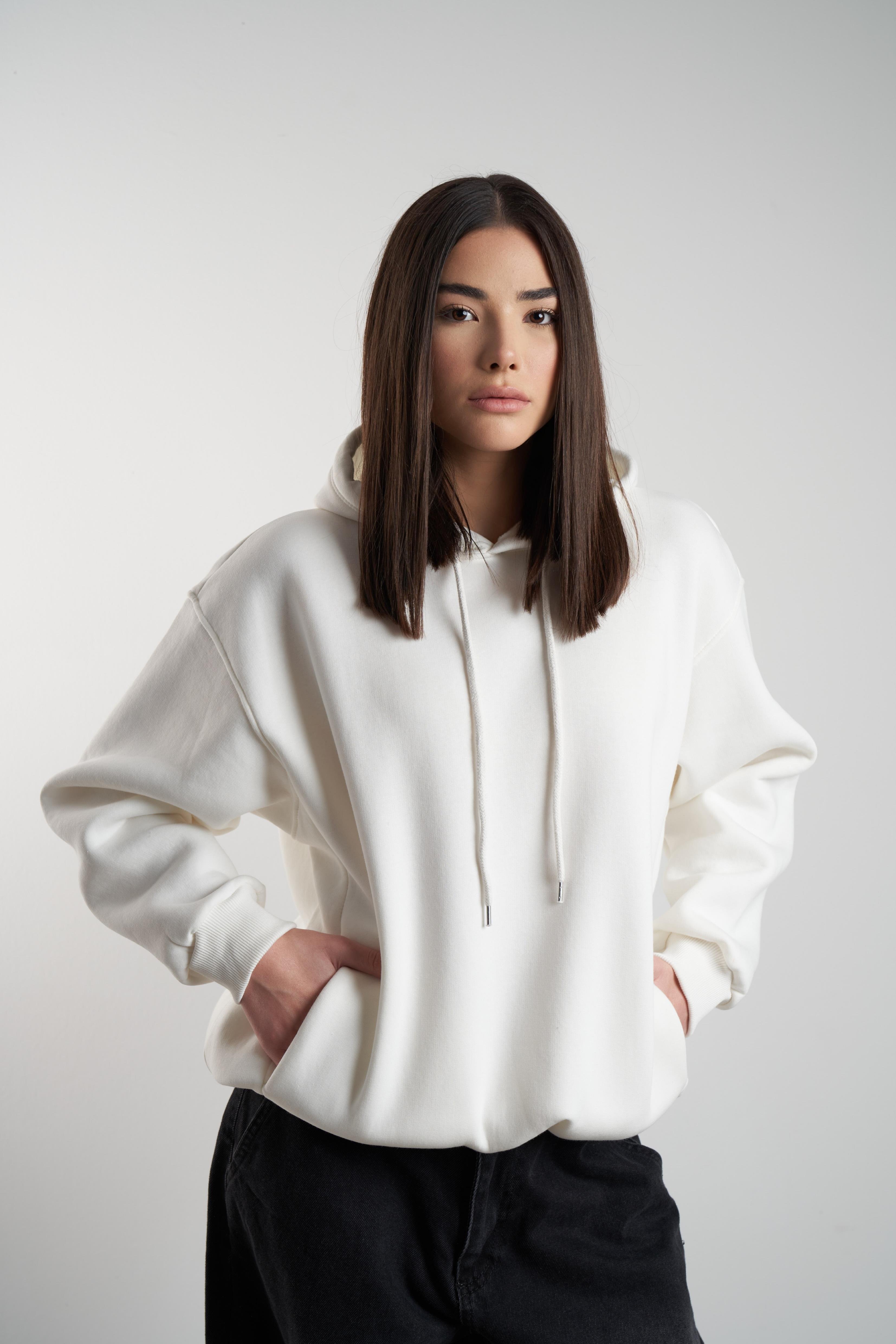 Kapüşonlu Basic Şardonlu Sweatshirt Ekru