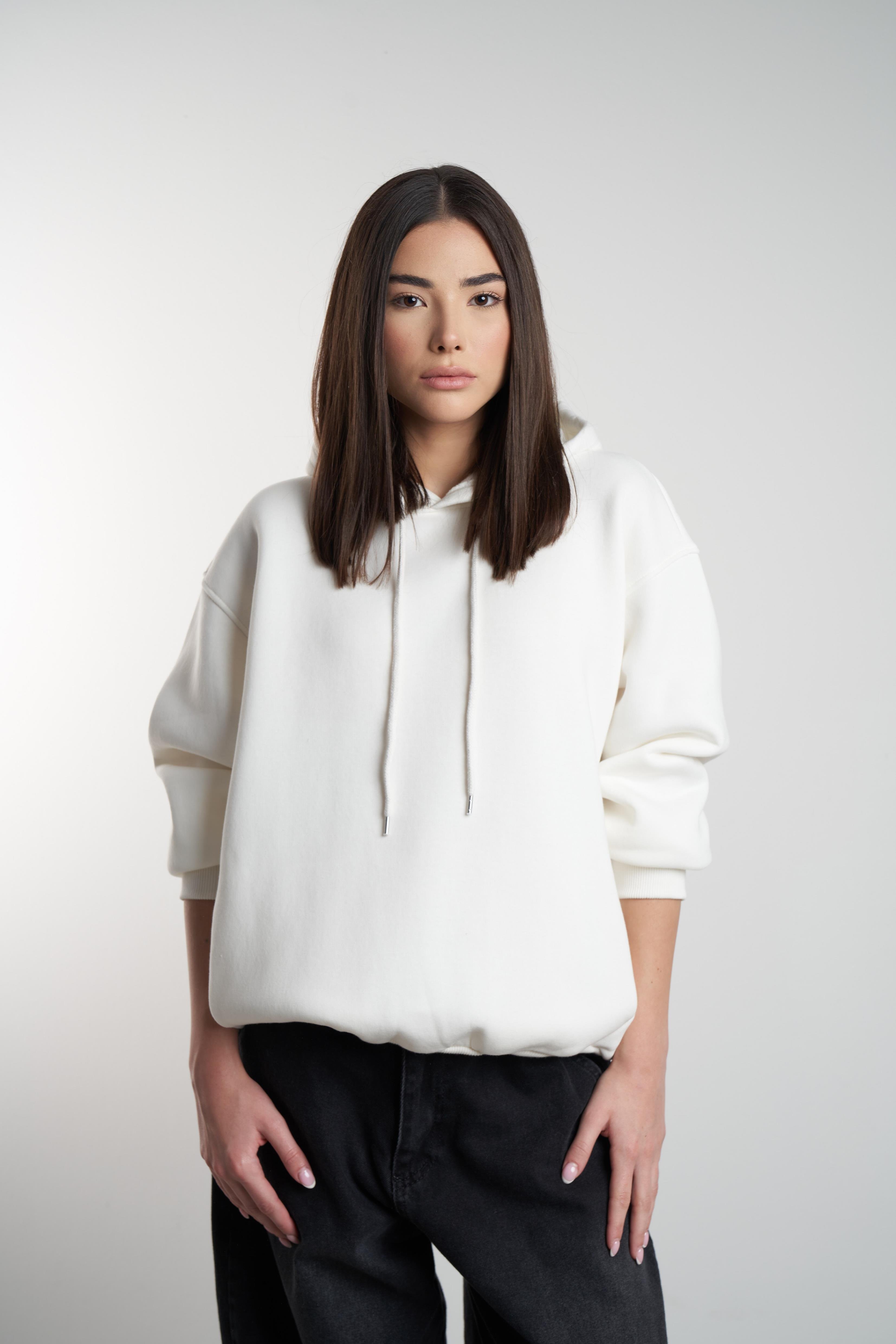 Kapüşonlu Basic Şardonlu Sweatshirt Ekru