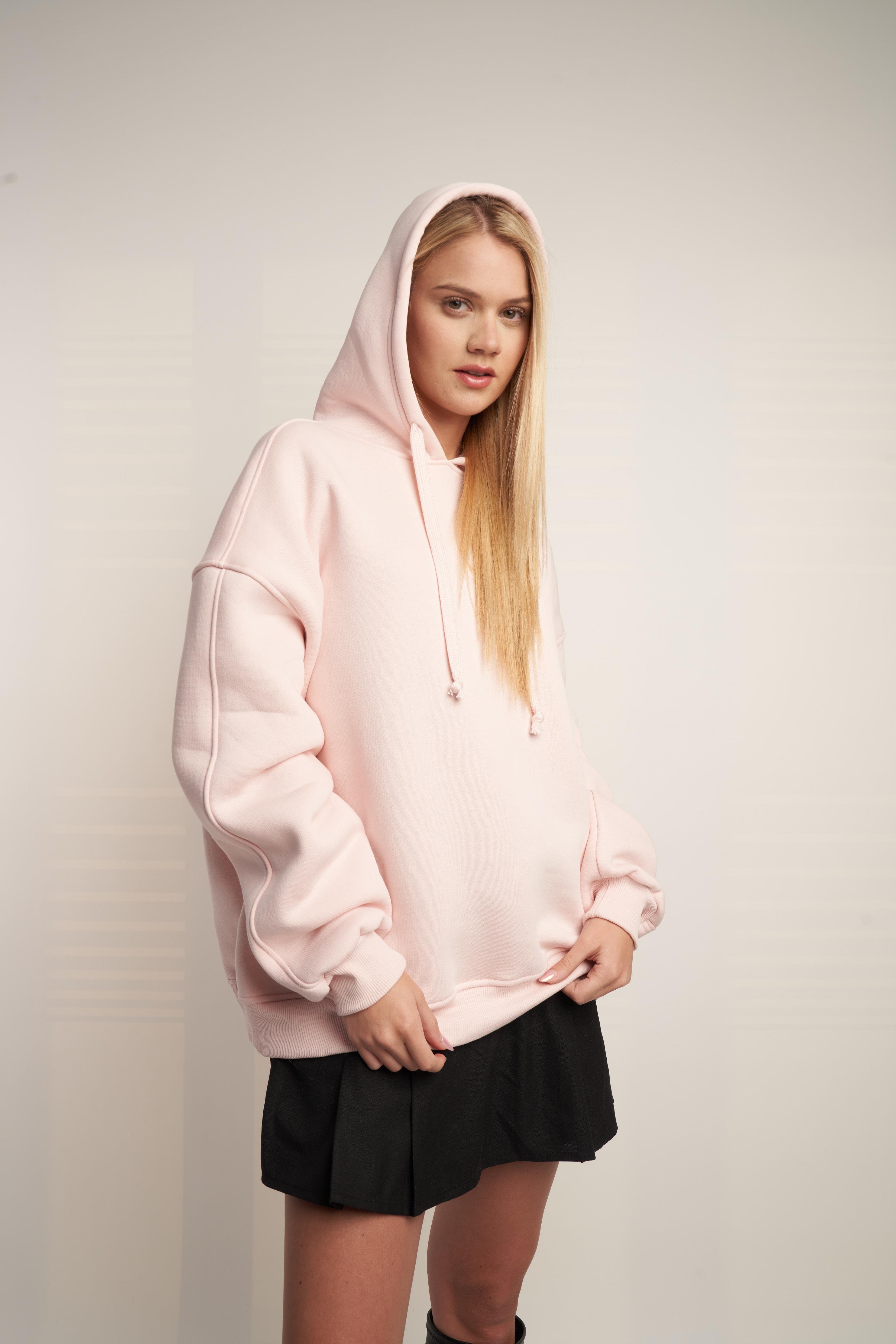 Kapüşonlu Basic Sweatshirt Pudra