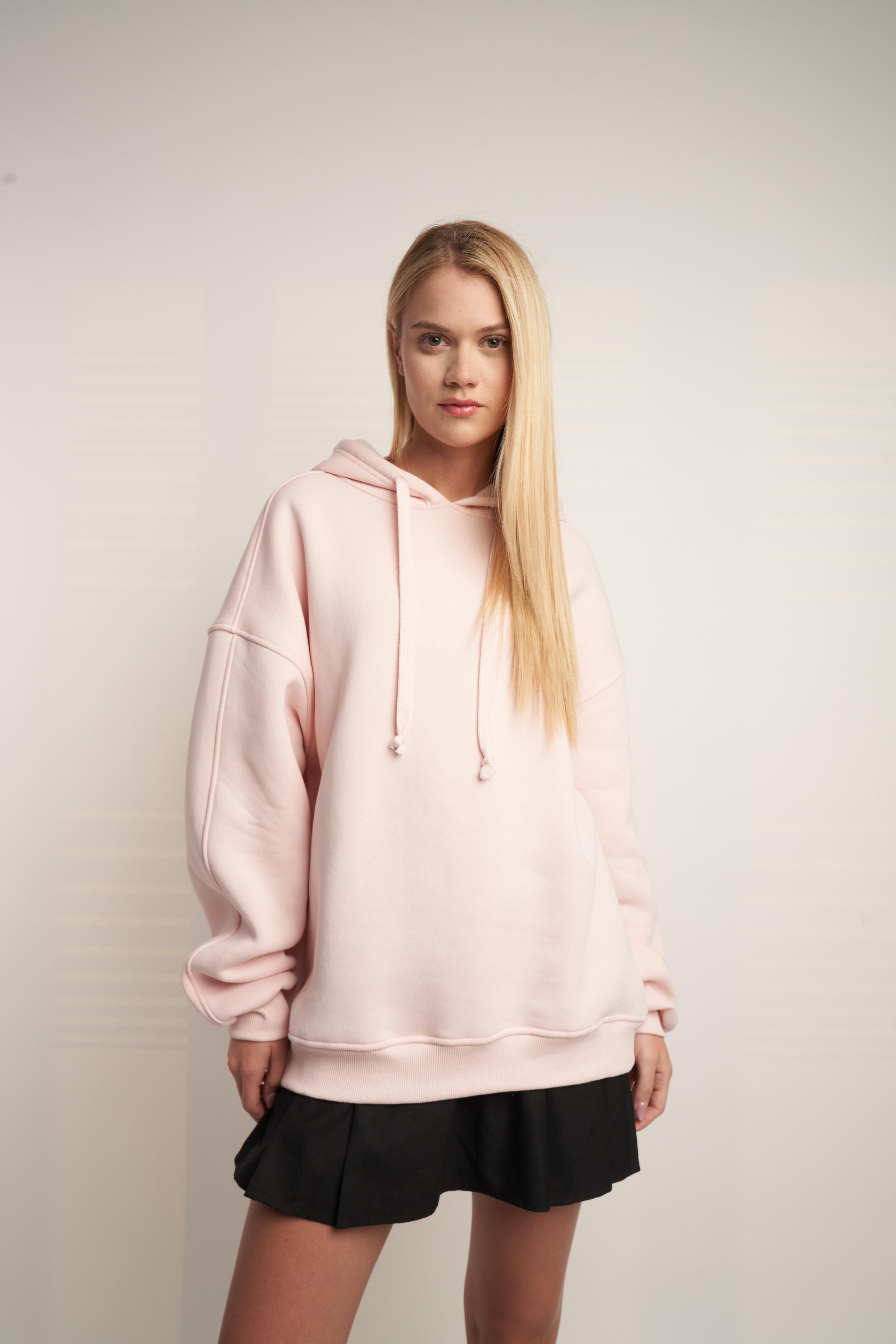 Kapüşonlu Basic Sweatshirt Pudra