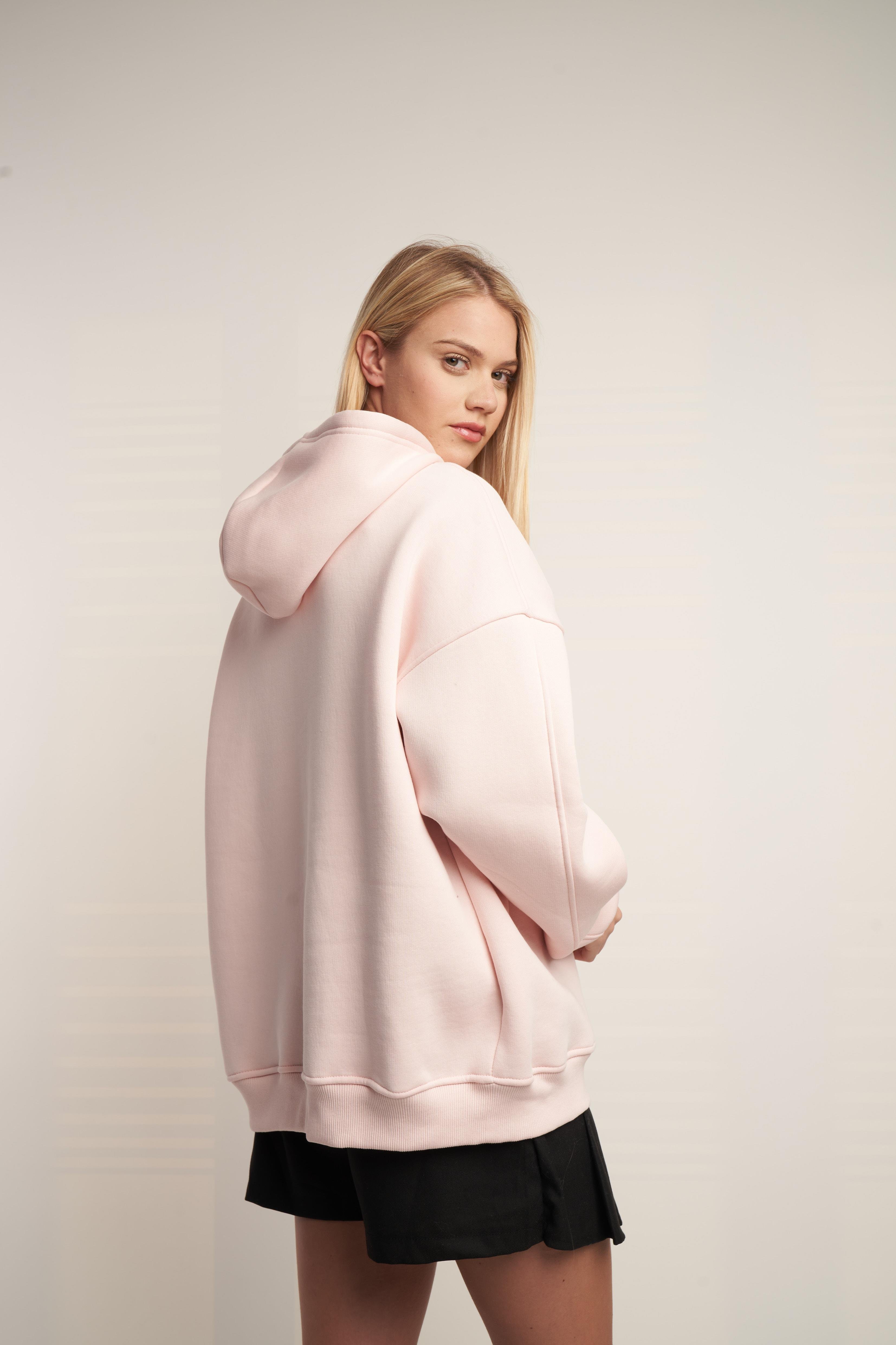 Kapüşonlu Basic Sweatshirt Pudra