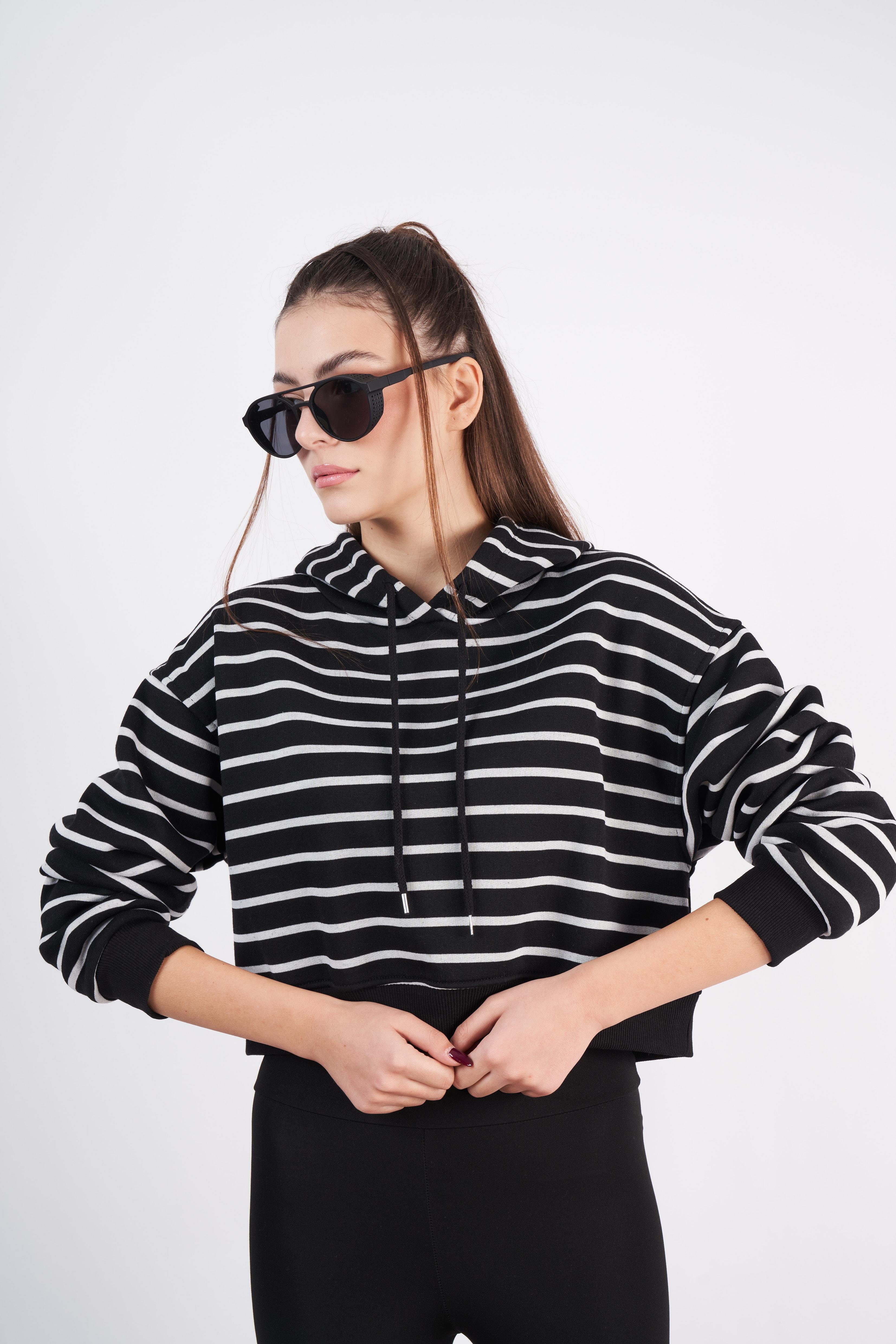 Kapüşonlu Çizgili Sweatshirt Siyah-Gri