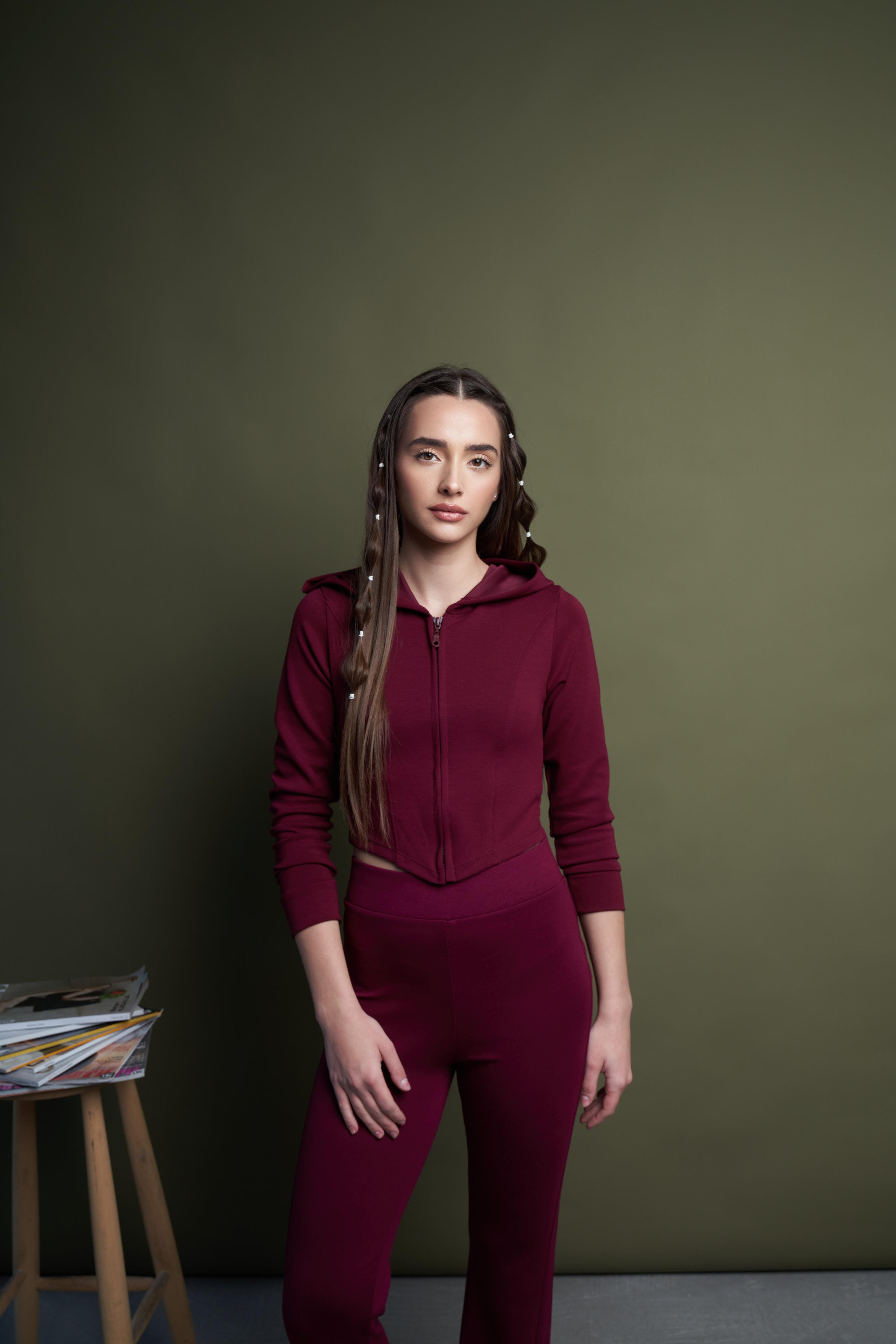 Kapüşonlu Crop Ceket Bordo