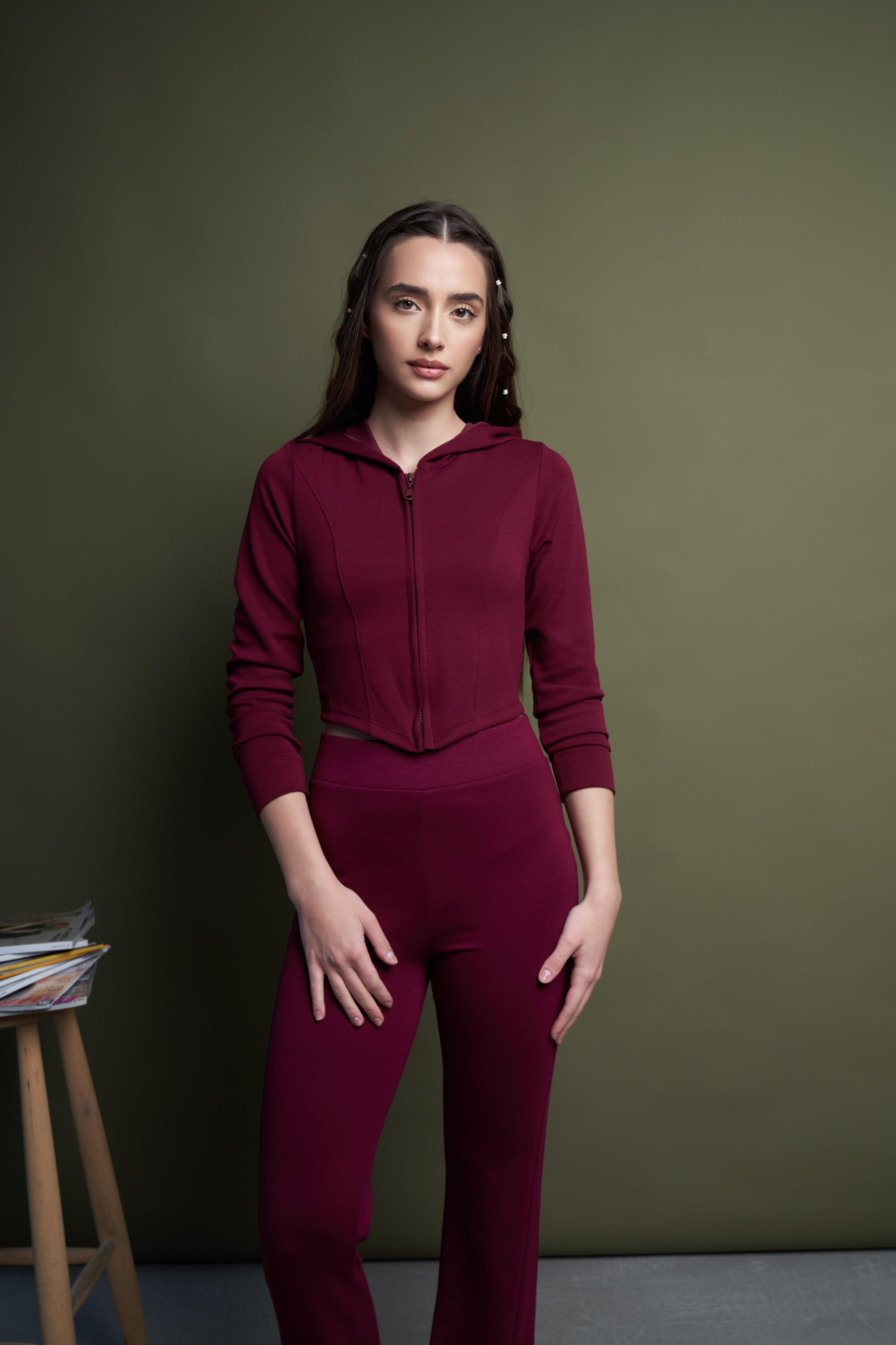 Kapüşonlu Crop Ceket Bordo