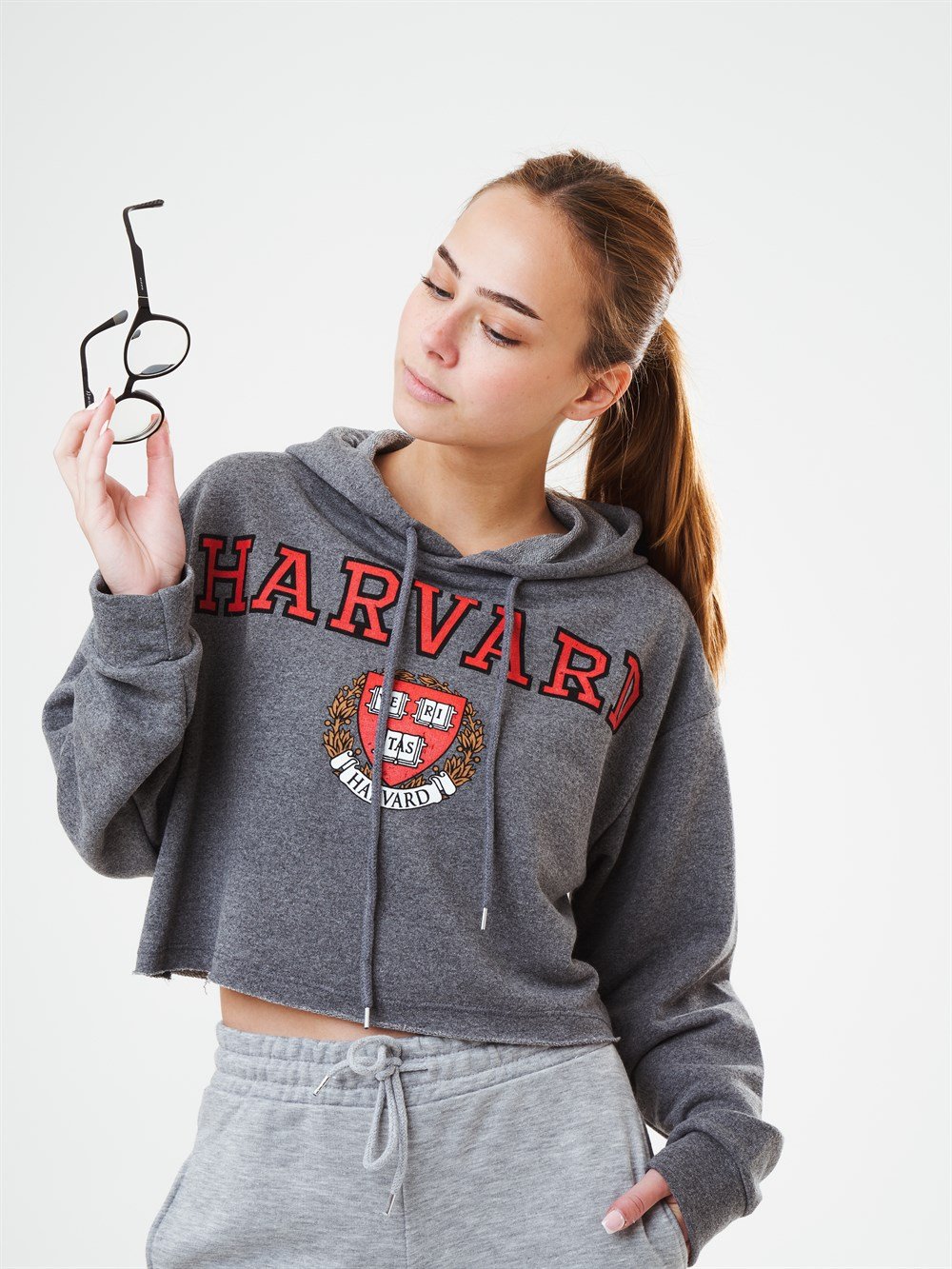 Kapüşonlu Harvard Yazı Baskılı Kısa Sweatshirt