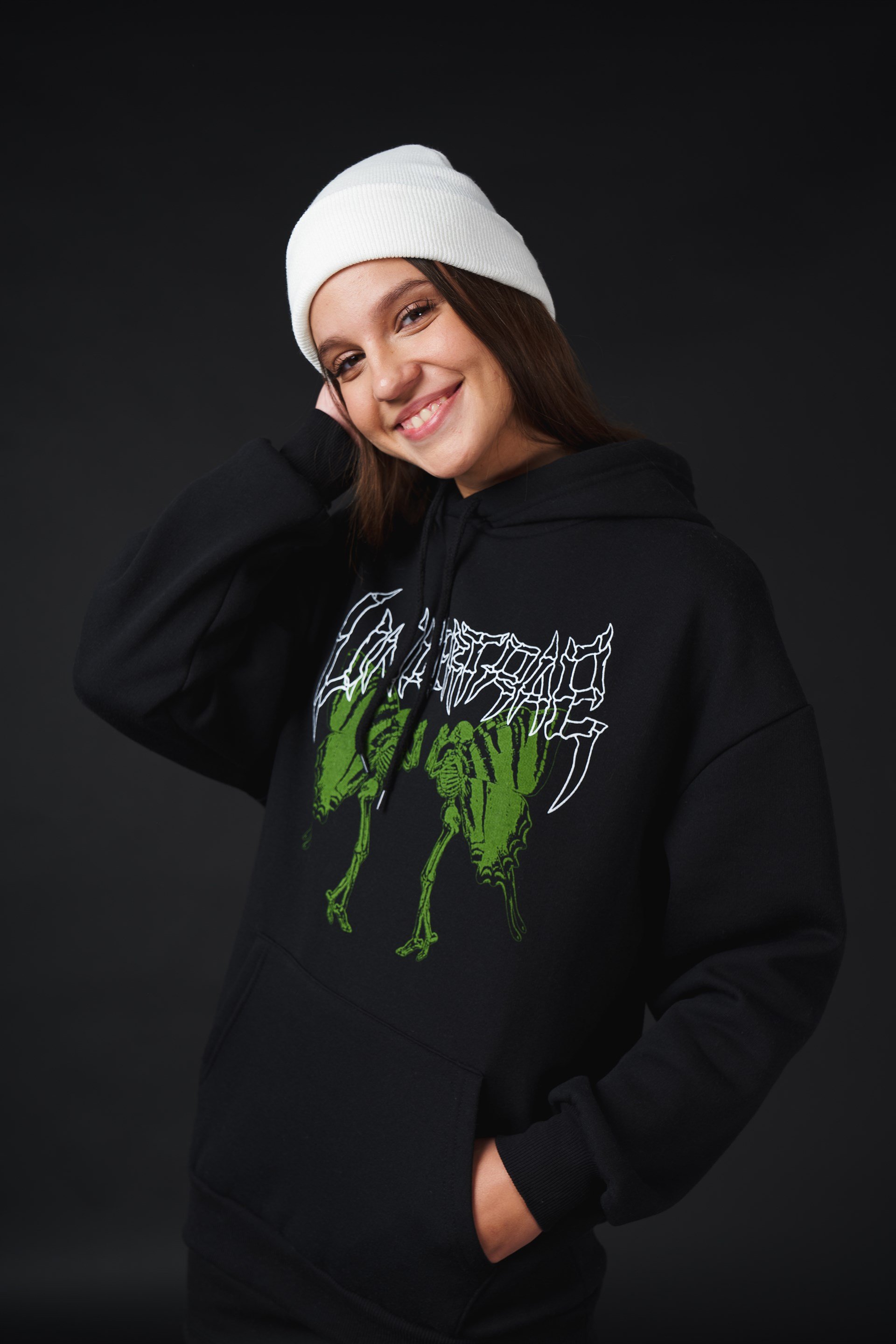 Kapüşonlu İskelet Baskılı Sweatshirt