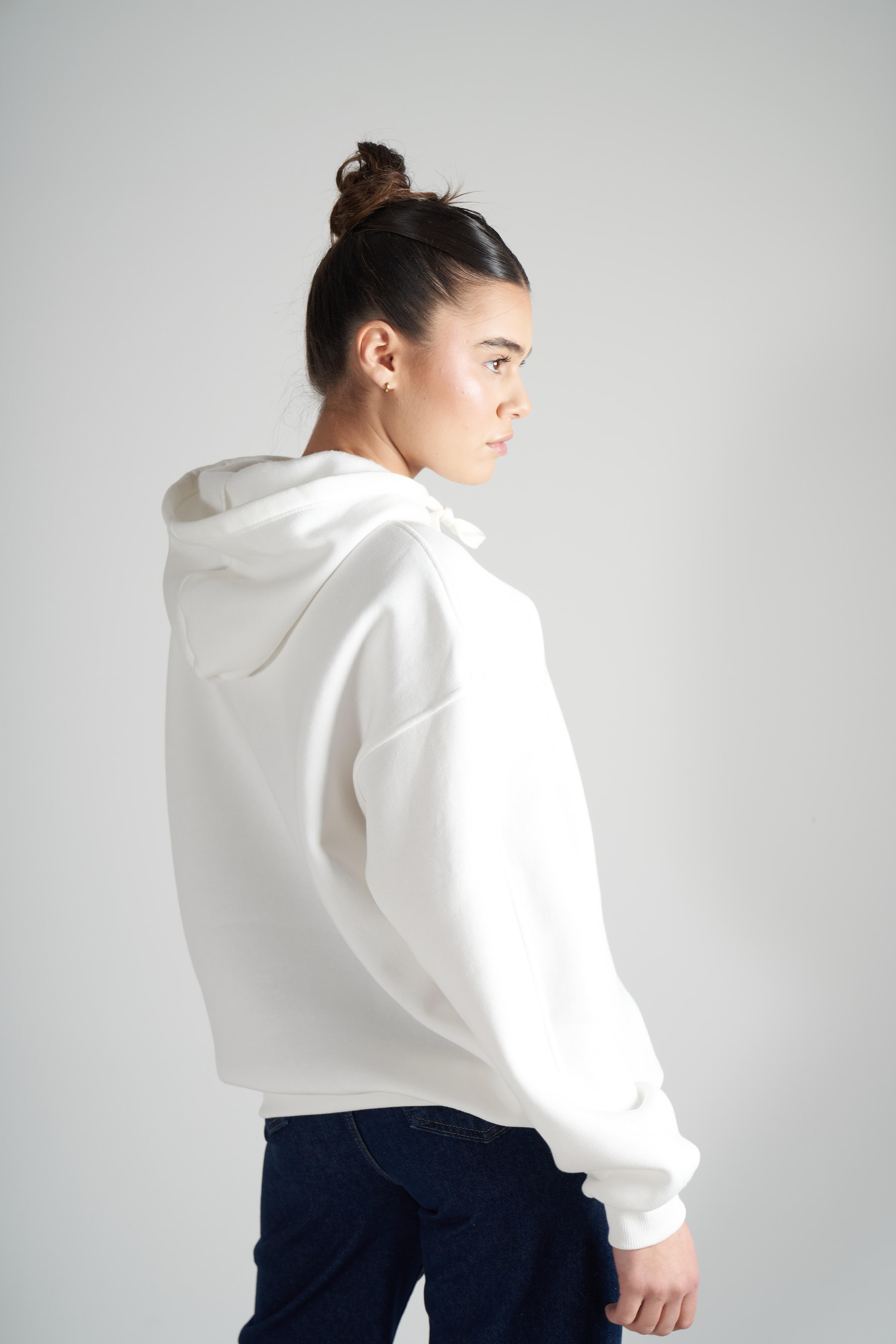 Kapüşonlu Kısa Şardonlu Sweatshirt Ekru