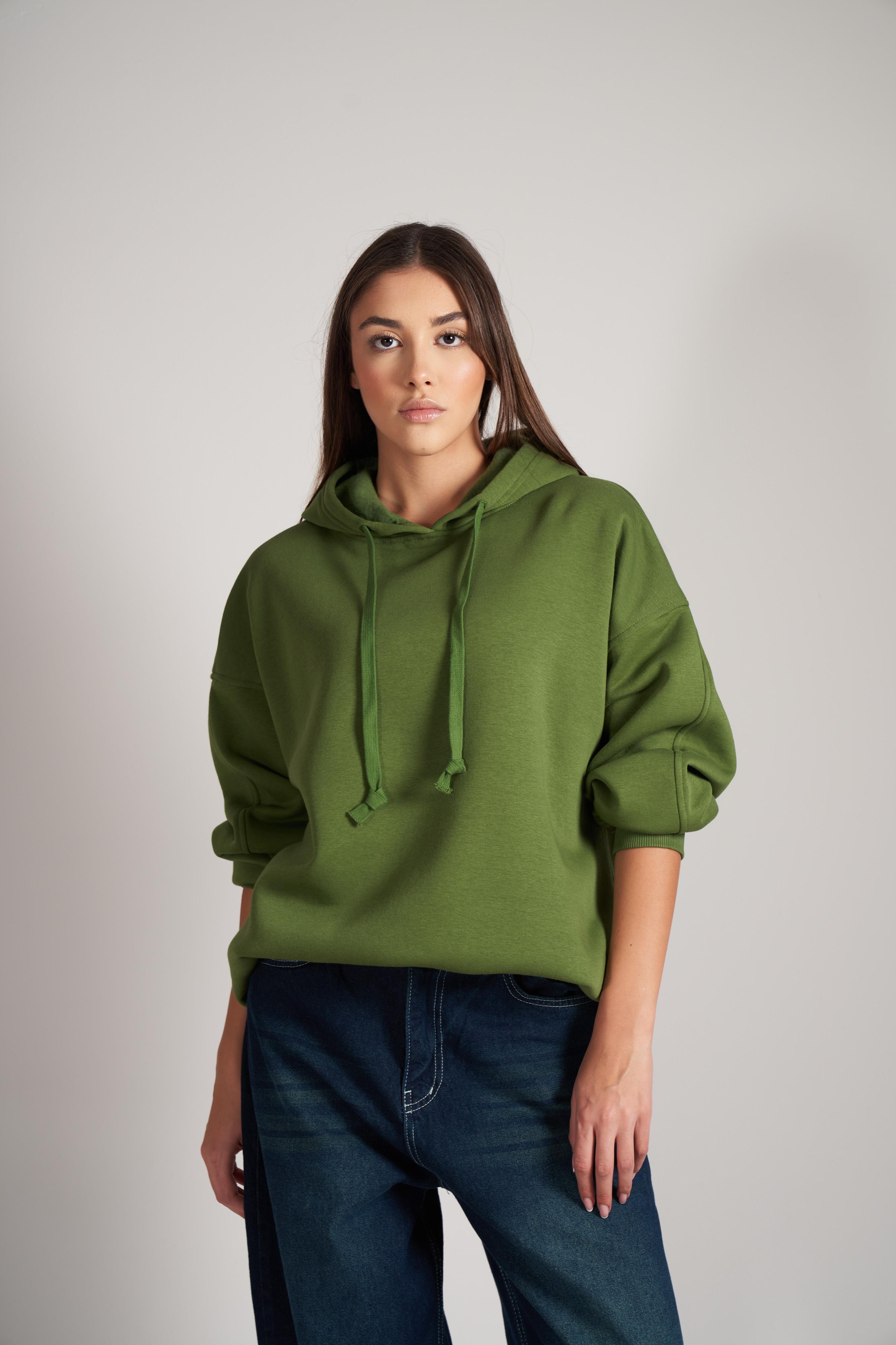 Kapüşonlu Kısa Şardonlu Sweatshirt Yağ Yeşili