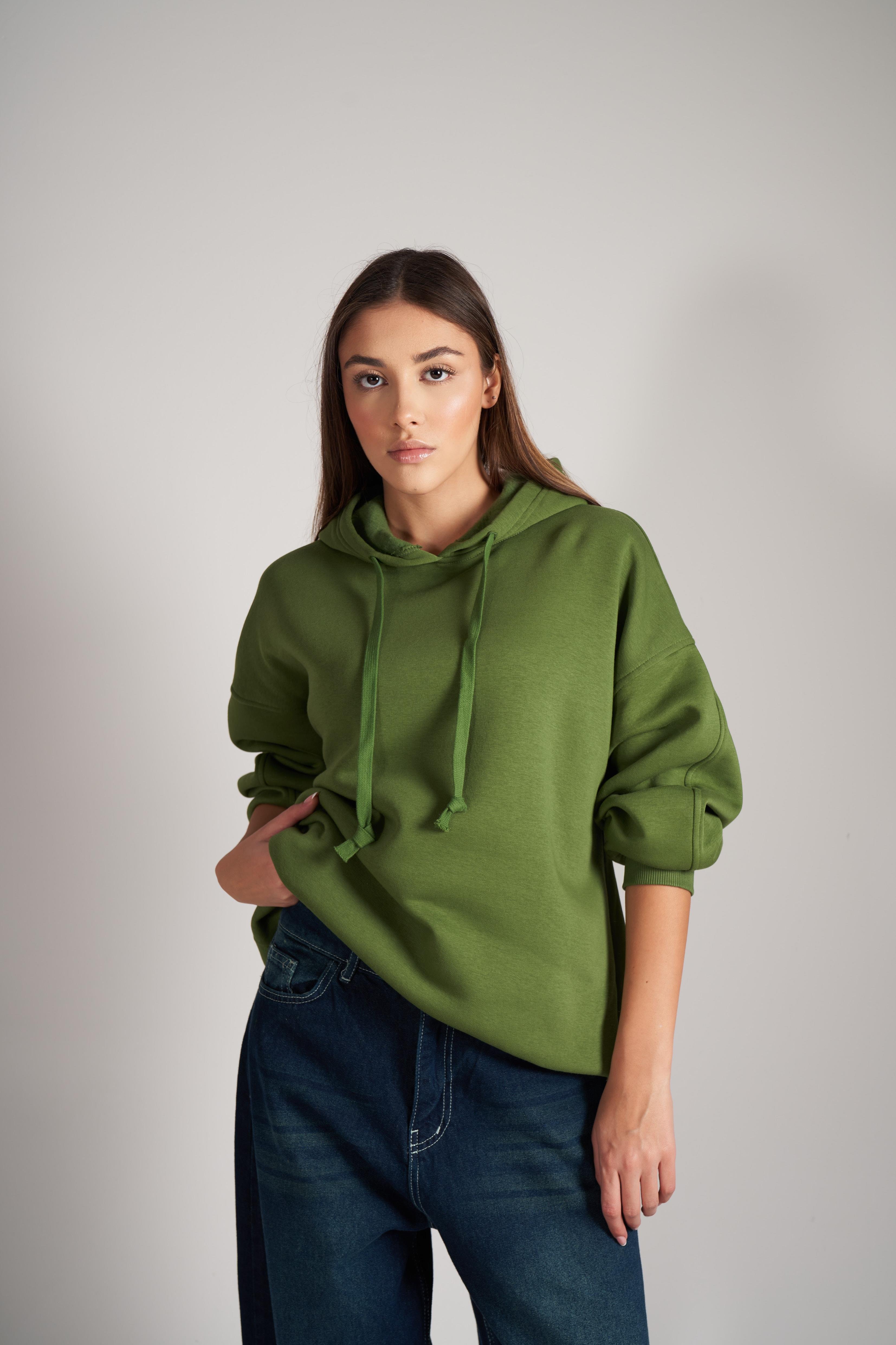 Kapüşonlu Kısa Şardonlu Sweatshirt Yağ Yeşili