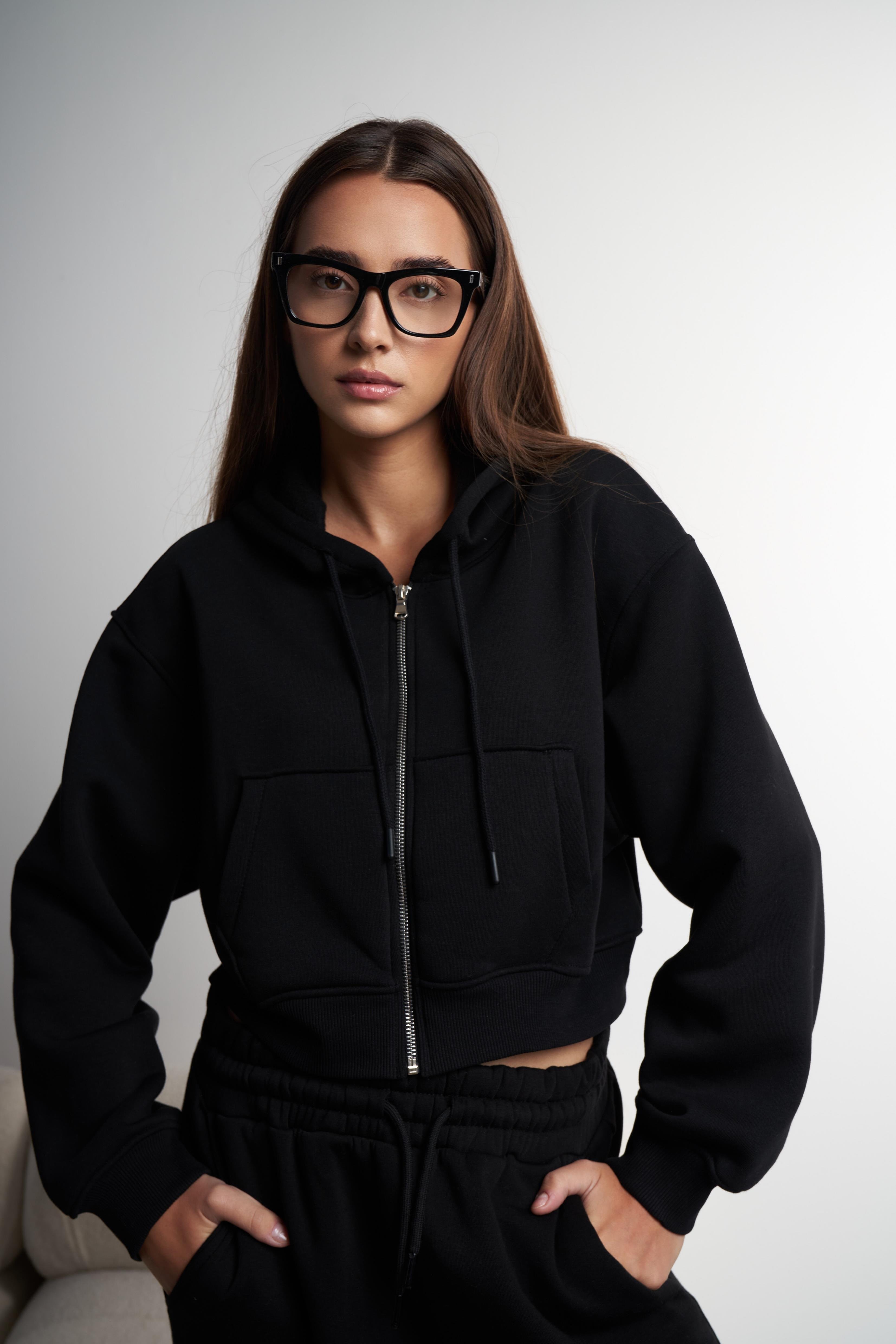 Kapüşonlu Kısa Sweatshirt Ceket Siyah