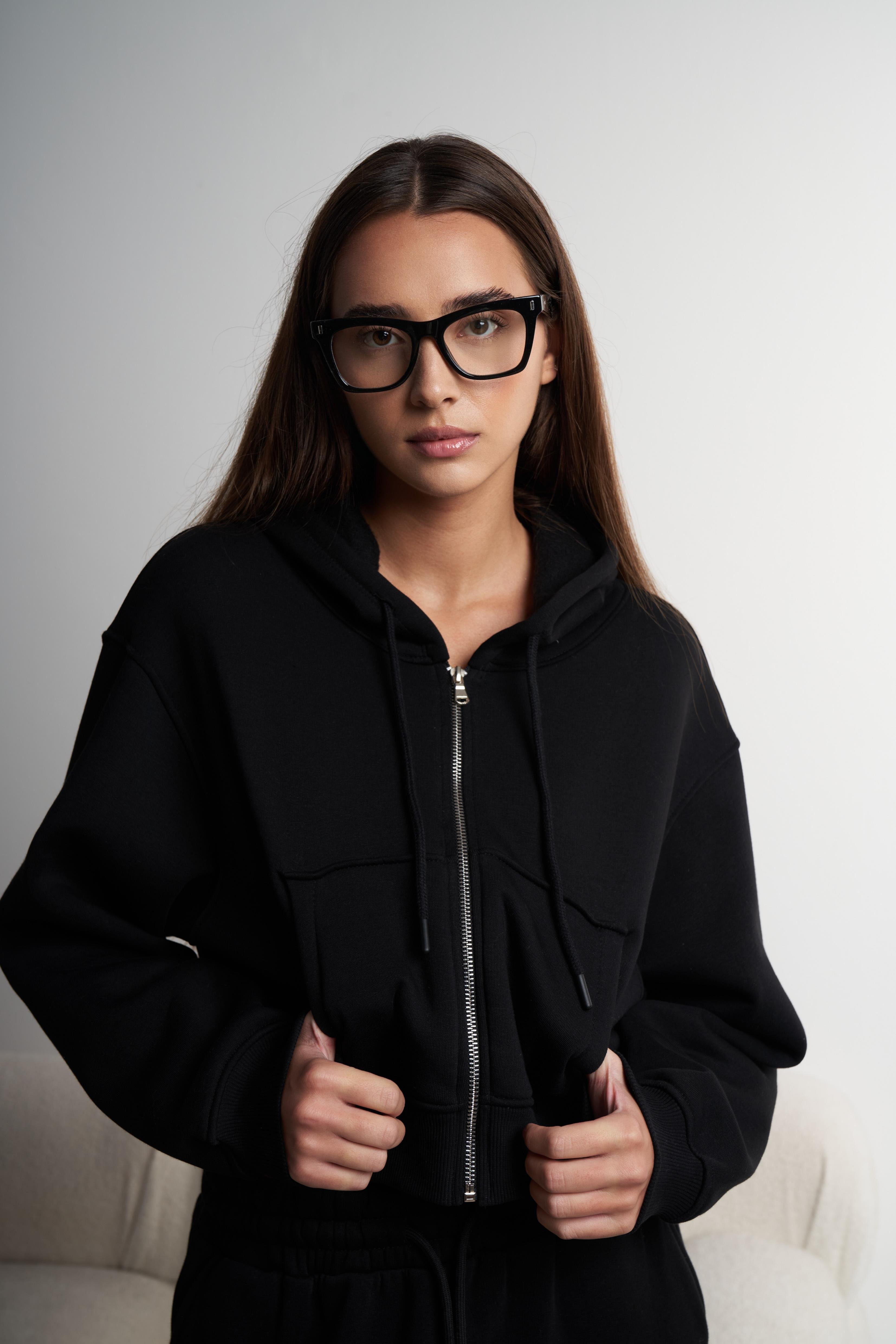 Kapüşonlu Kısa Sweatshirt Ceket Siyah