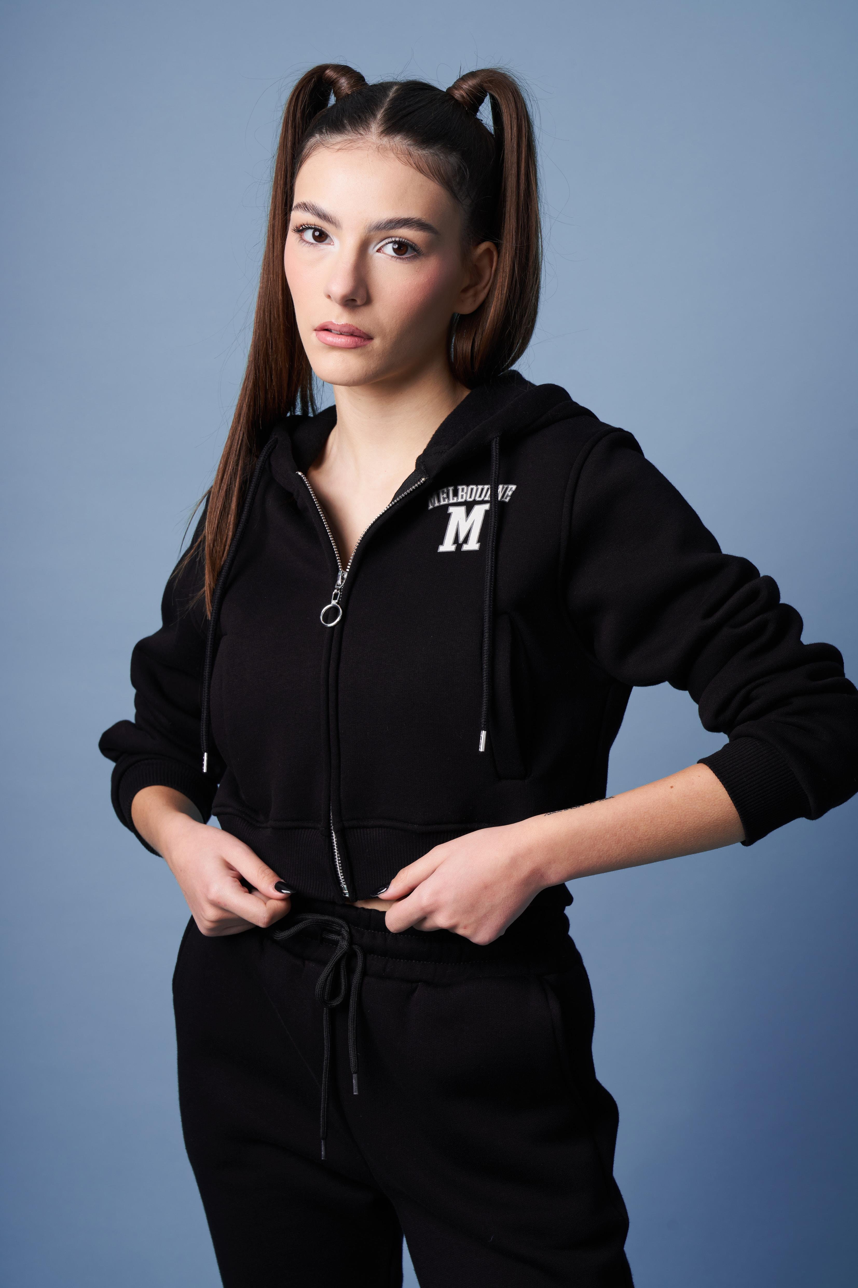 Kapüşonlu Kısa Sweatshirt Ceket Siyah