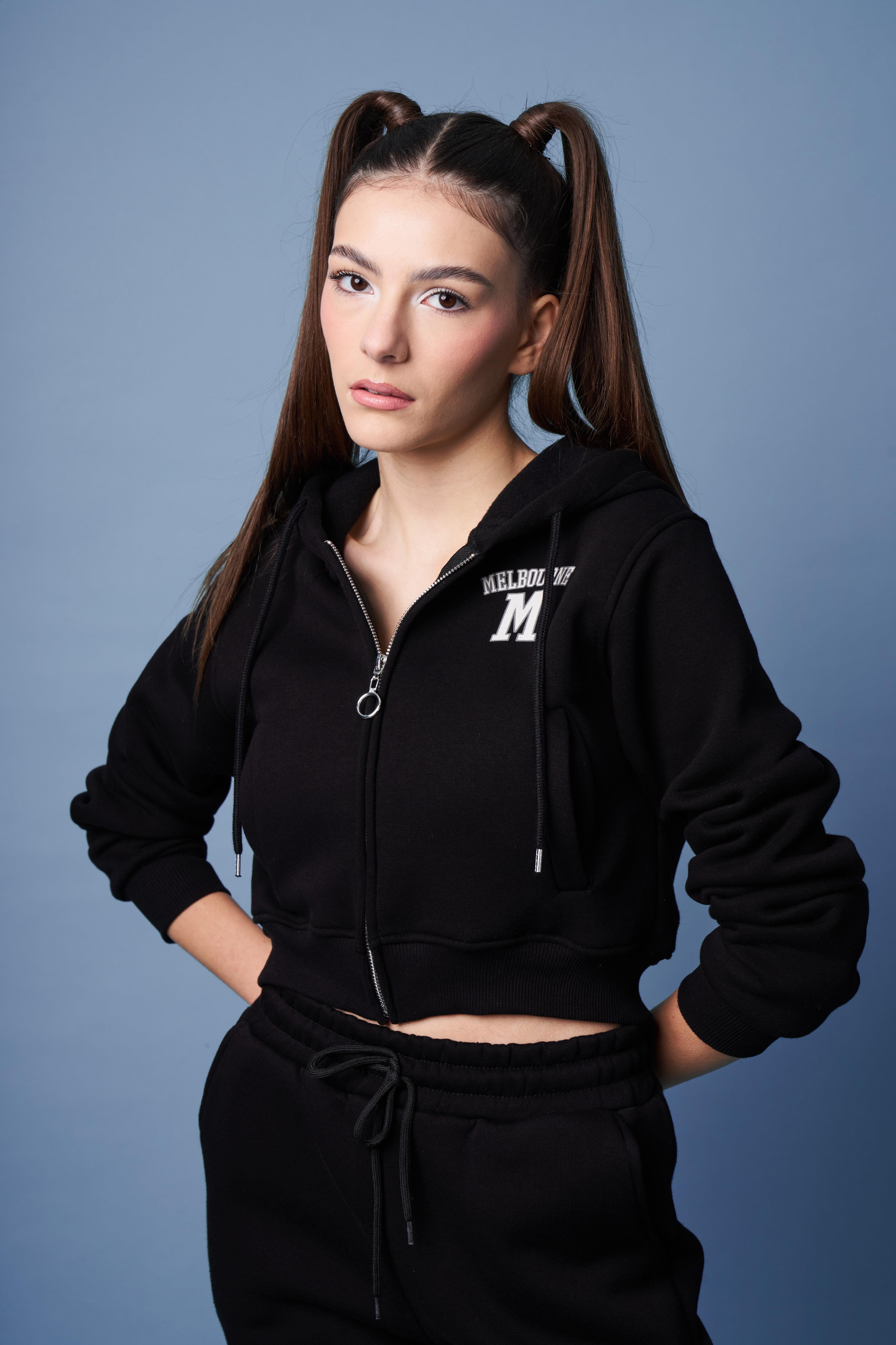 Kapüşonlu Kısa Sweatshirt Ceket Siyah