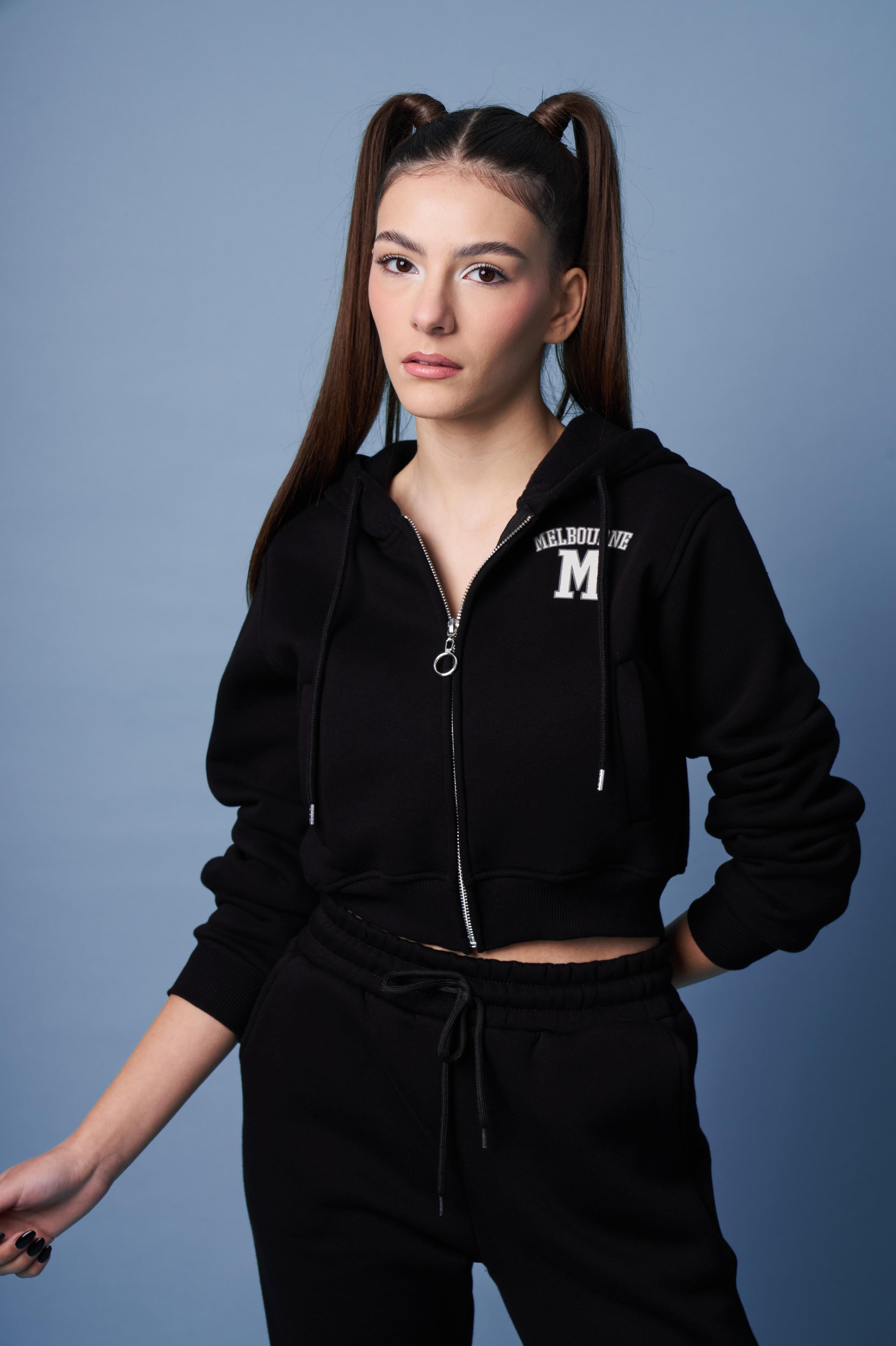 Kapüşonlu Kısa Sweatshirt Ceket Siyah