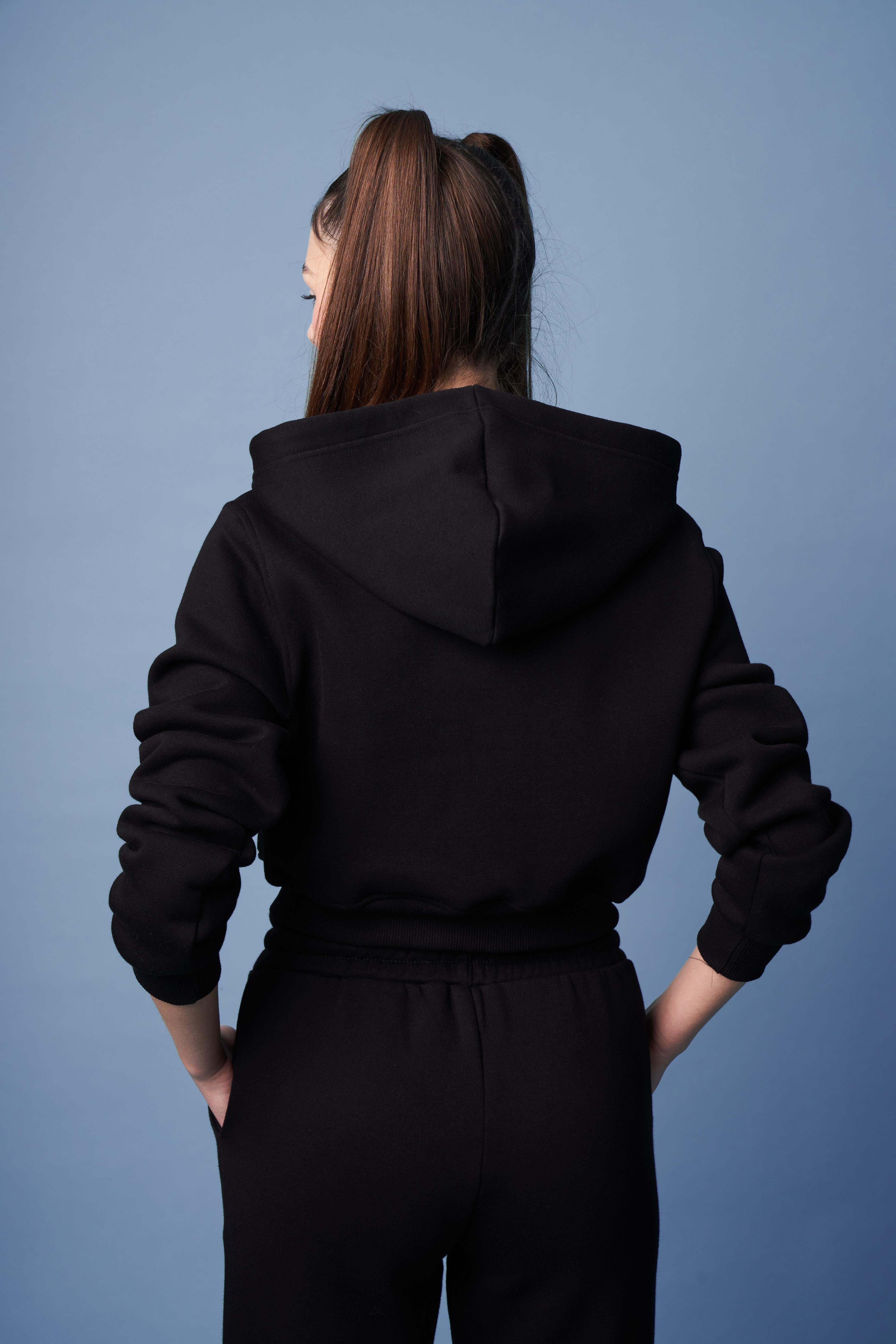 Kapüşonlu Kısa Sweatshirt Ceket Siyah