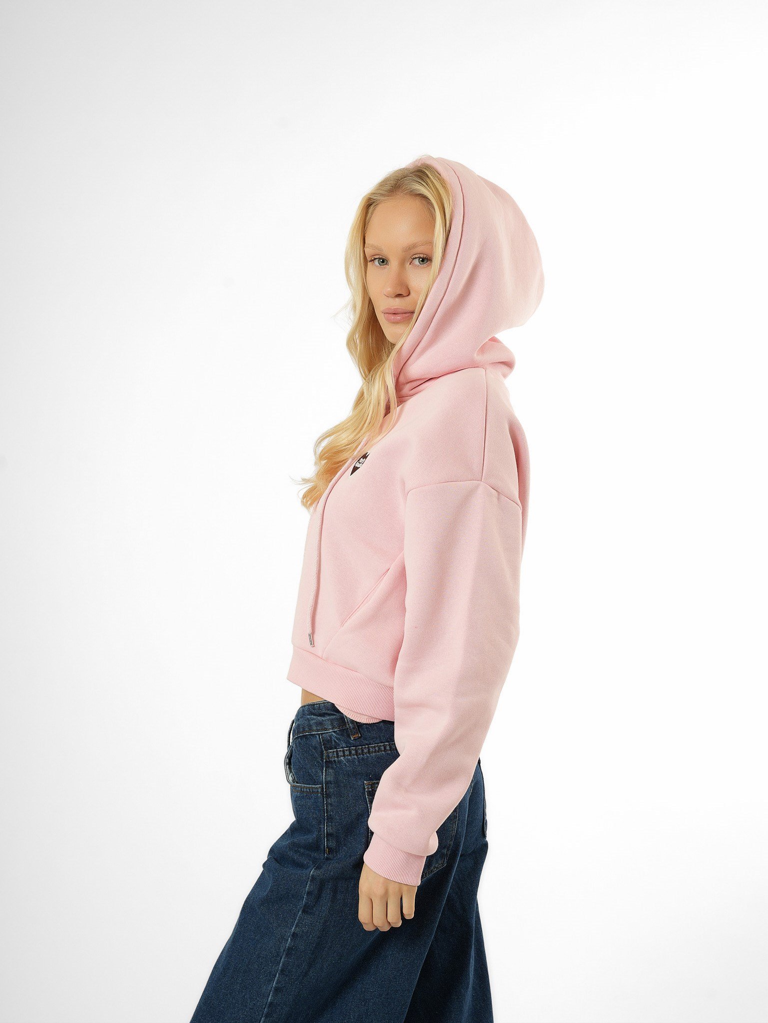 Kapüşonlu Kısa Sweatshirt Toz Pembe