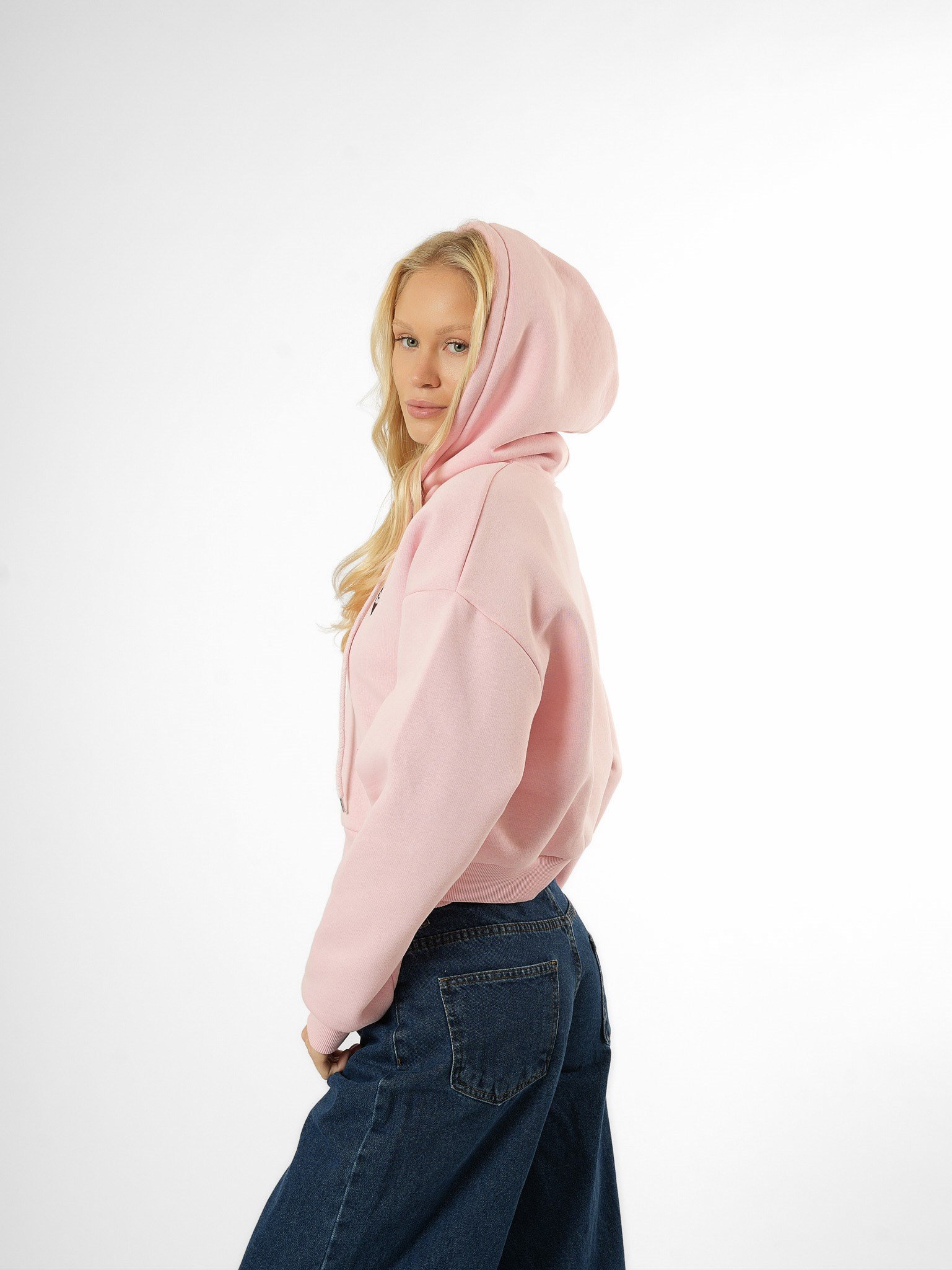 Kapüşonlu Kısa Sweatshirt Toz Pembe