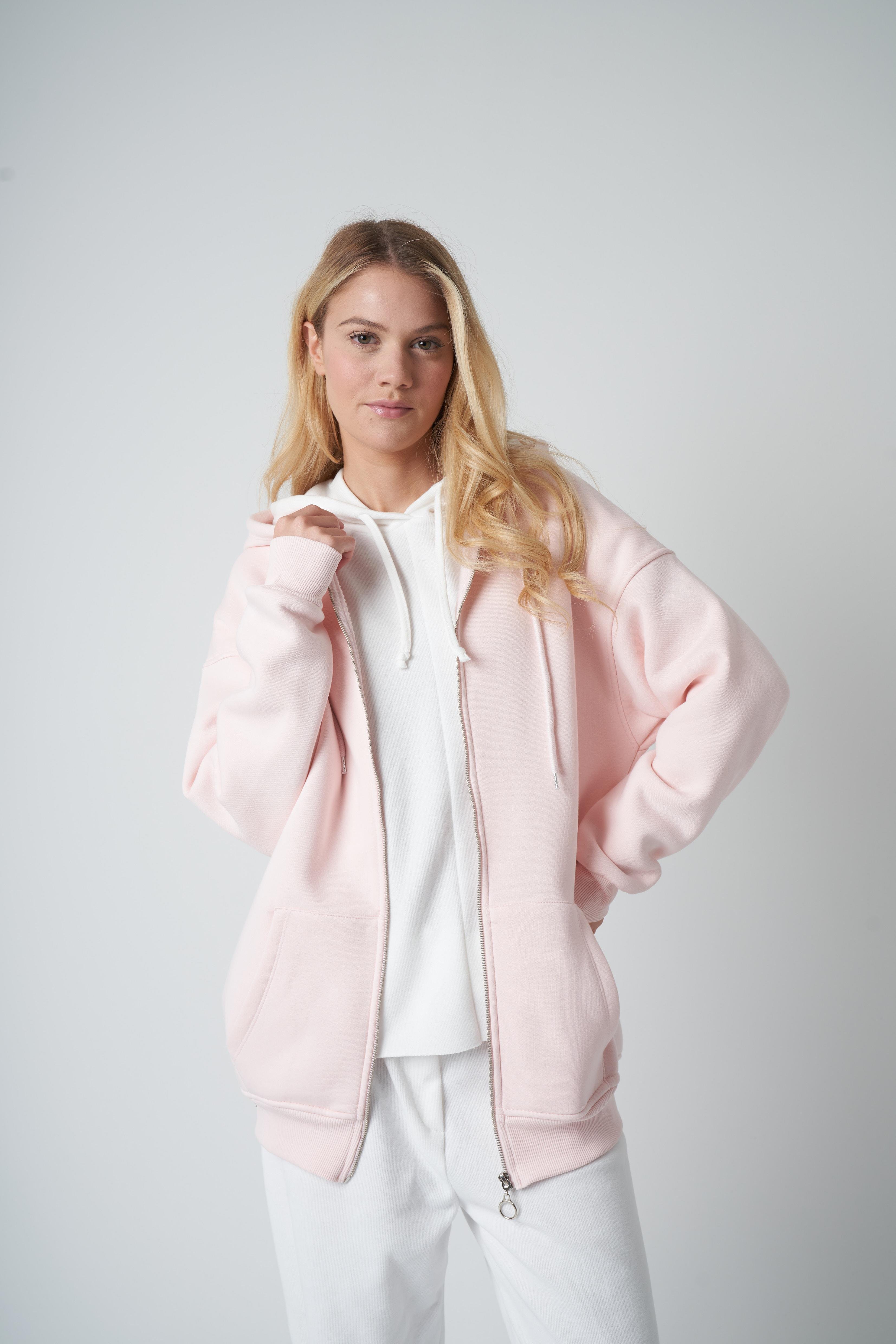 Kapüşonlu Oversize Sweatshirt Ceket Pudra