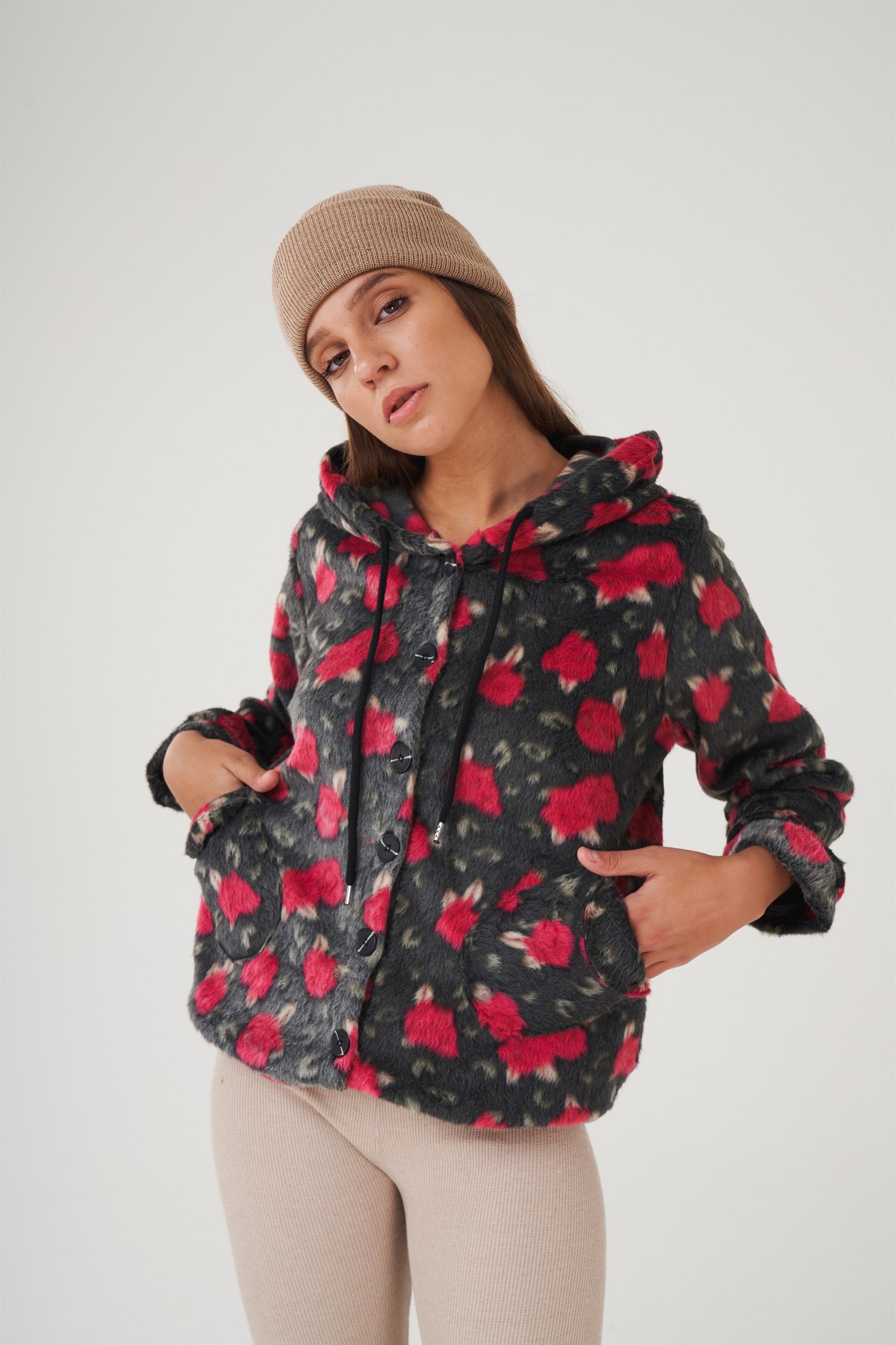 Kapüşonlu Peluş Ceket