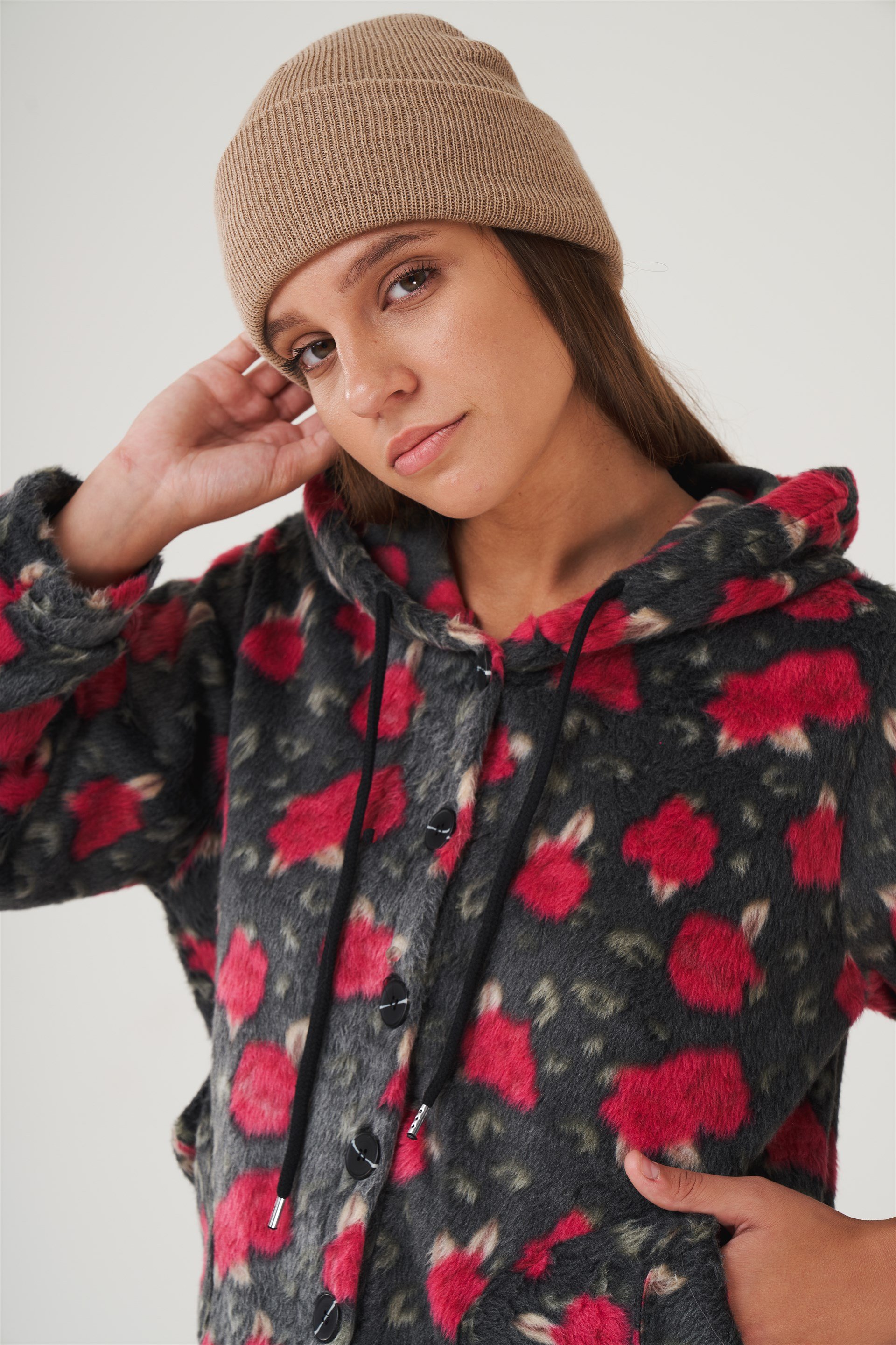 Kapüşonlu Peluş Ceket