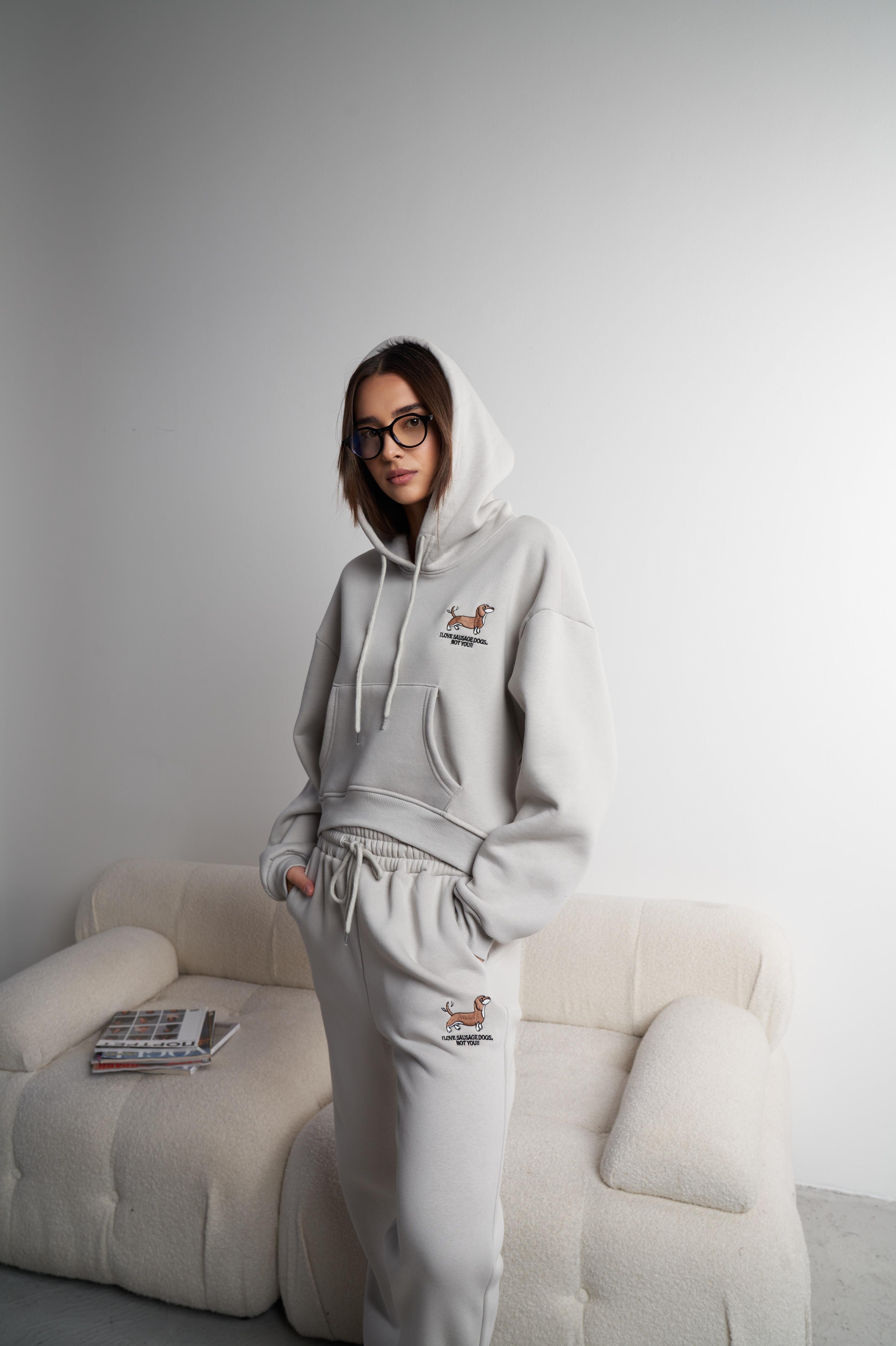 Kapüşonlu Şardonlu Kısa Sweatshirt Açık Gri