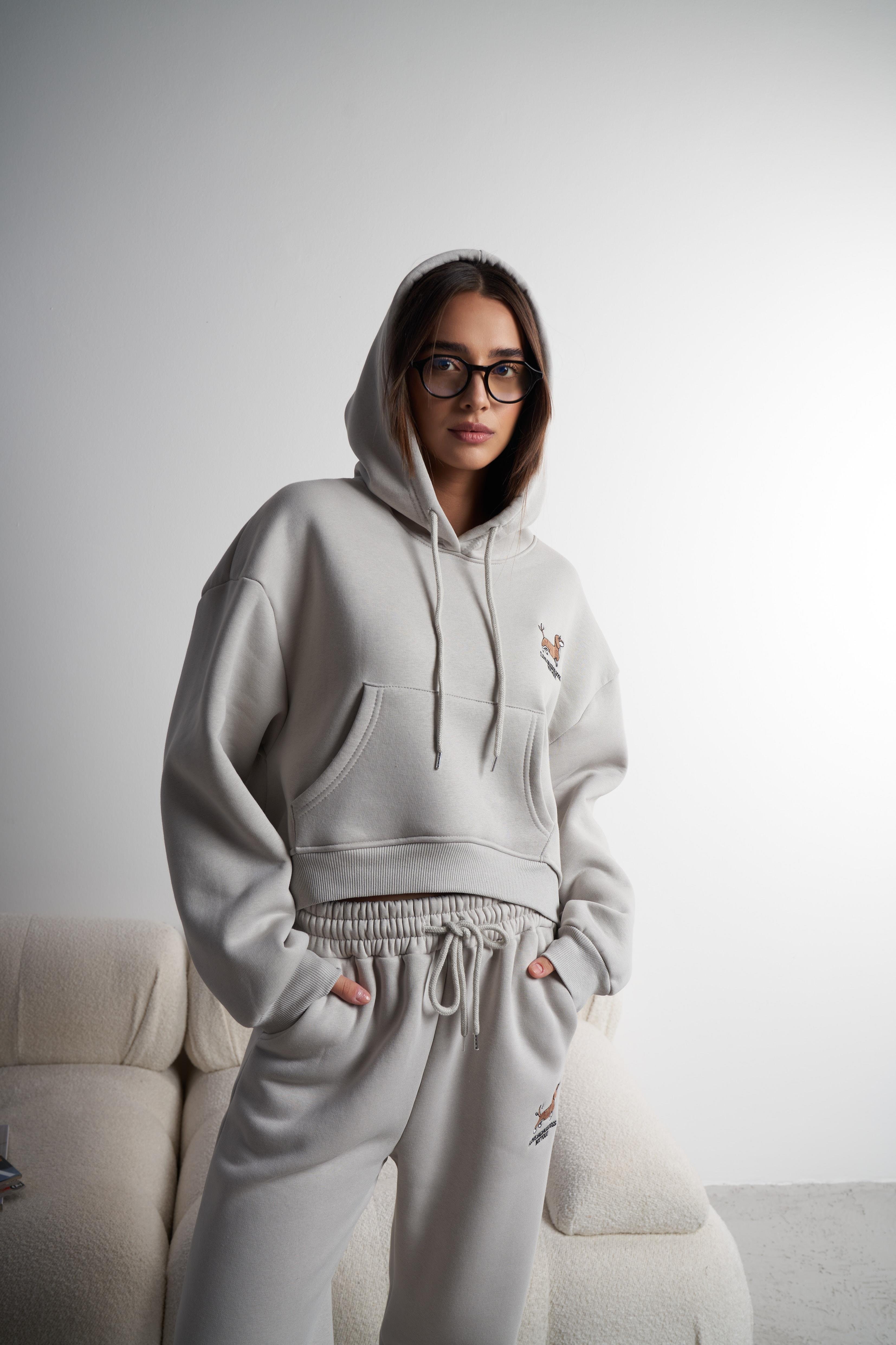 Kapüşonlu Şardonlu Kısa Sweatshirt Açık Gri