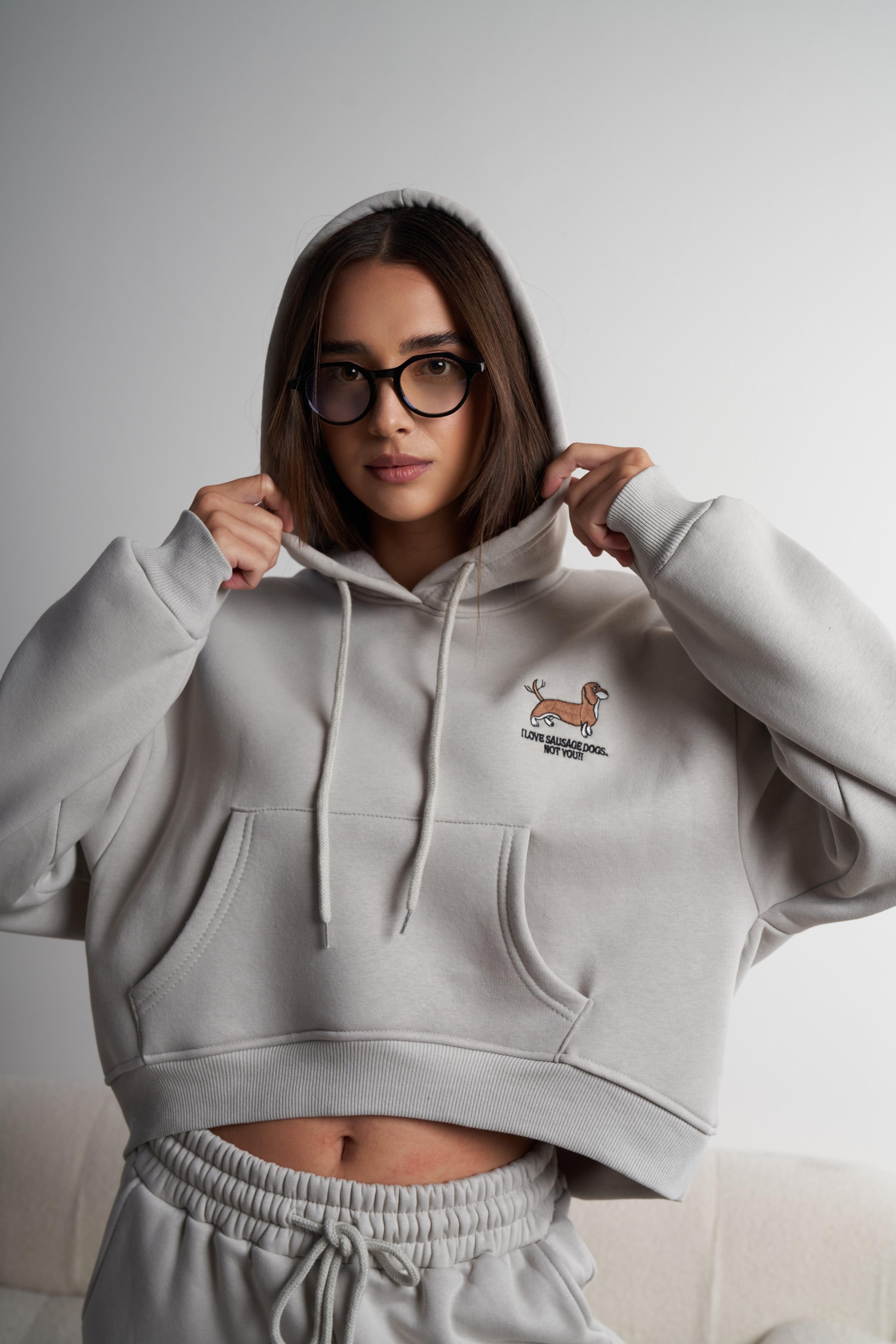 Kapüşonlu Şardonlu Kısa Sweatshirt Açık Gri