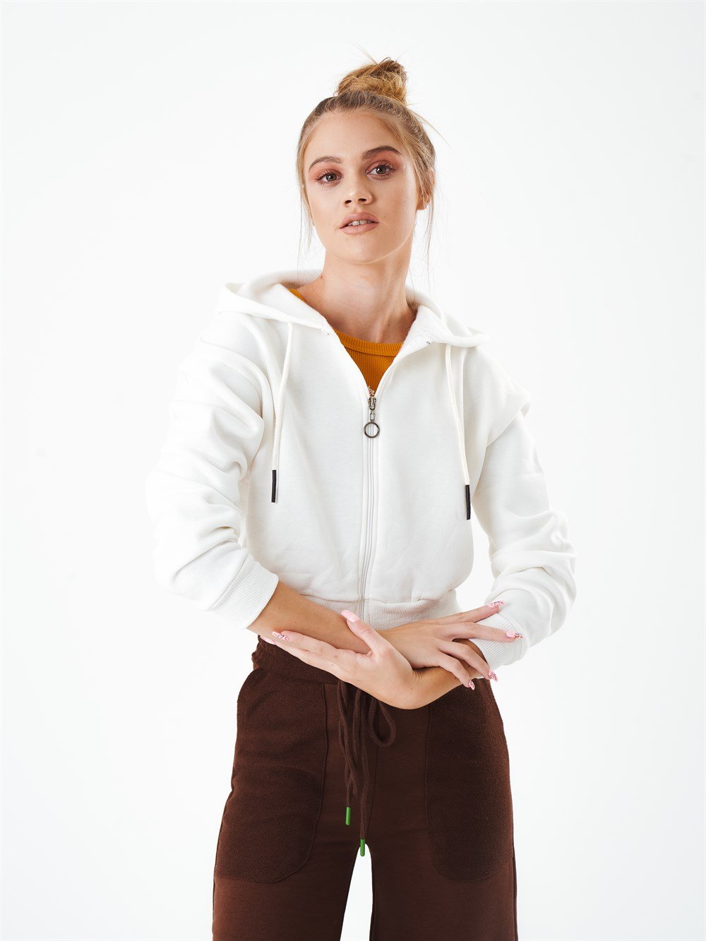 Kapüşonlu Şardonlu Kısa Sweatshirt Ceket