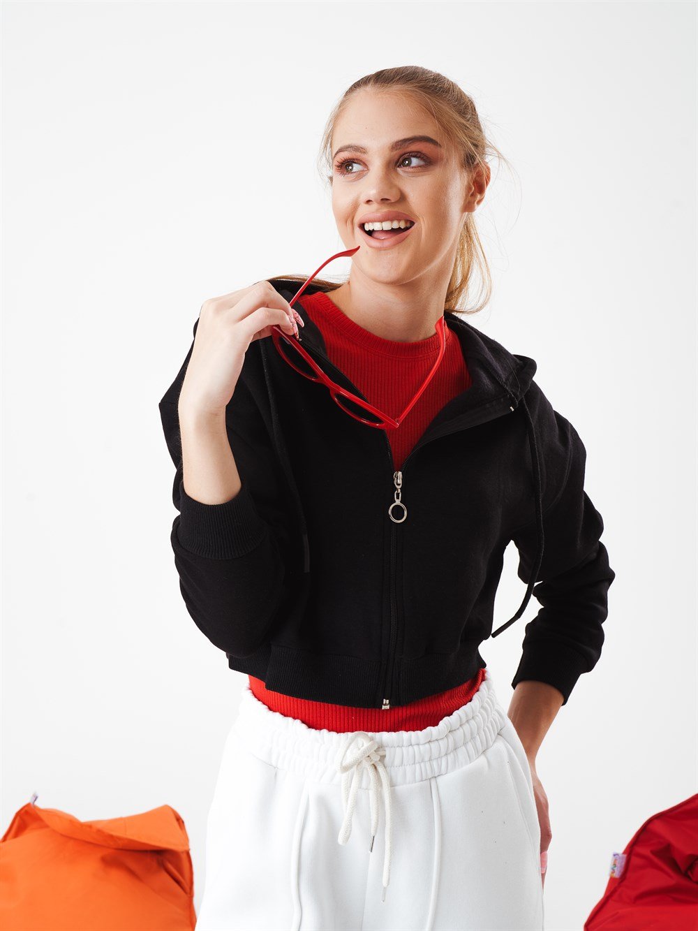 Kapüşonlu Şardonlu Kısa Sweatshirt Ceket
