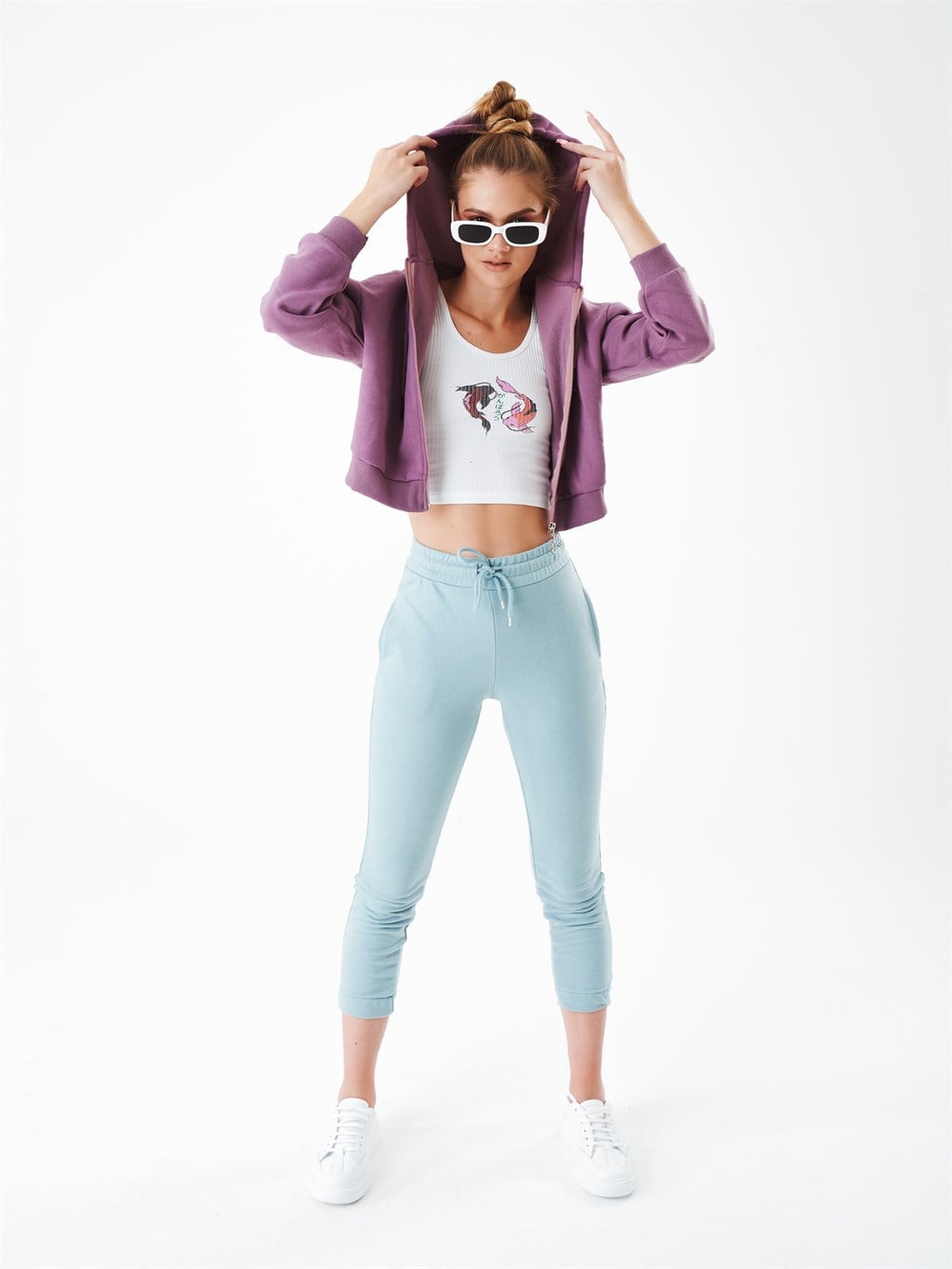 Kapüşonlu Şardonlu Kısa Sweatshirt Ceket
