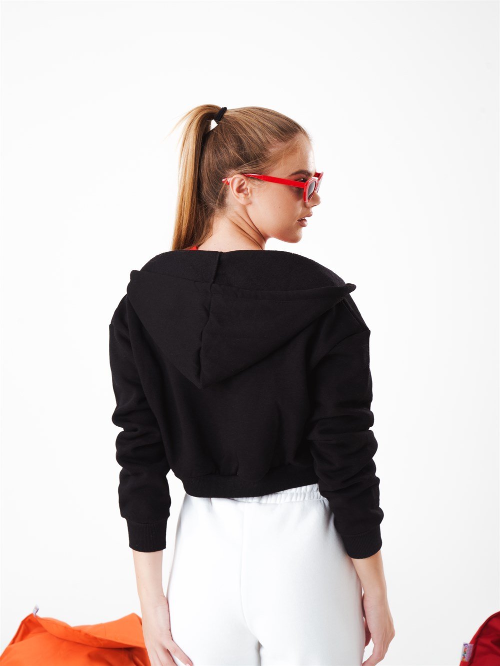 Kapüşonlu Şardonlu Kısa Sweatshirt Ceket